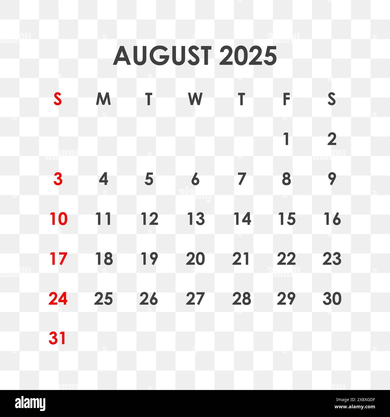 August Month Calendar 2025 Png