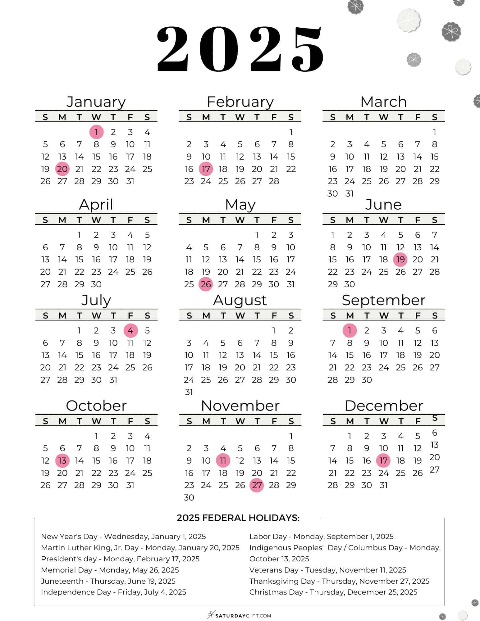 List Of Federal Holidays 2025 In The U S SaturdayGift
