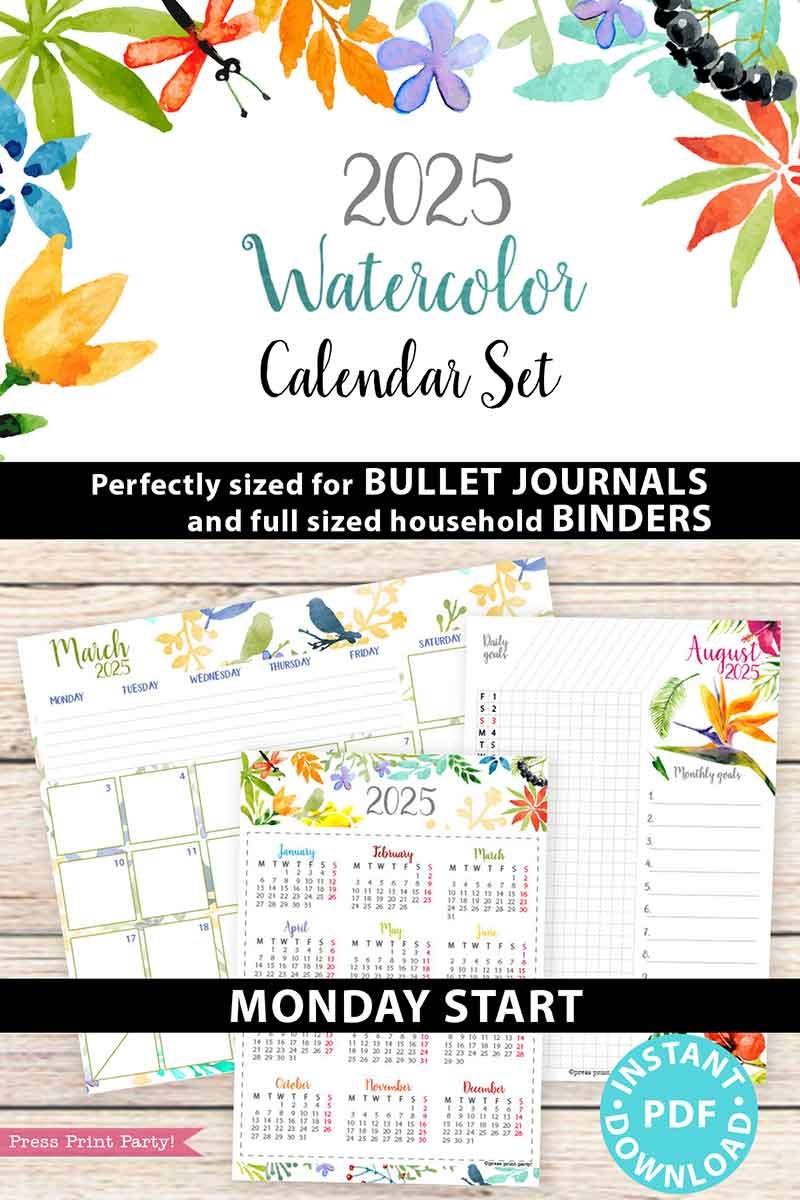 Monday Start 2025 Calendar Printable Set For Bullet Journals Or Binders Watercolor for Bullet Journals Or Binders Monday Start 2025 Calendar Printable Set For Bullet Journals Or Binders Watercolor for Bullet Journals Or Binders