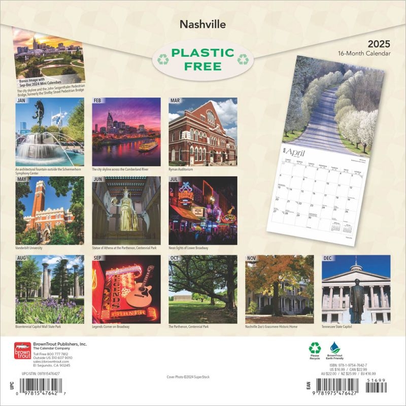 Nashville 2025 12 X 24 Inch Monthly Square Wall Calendar Plastic Free