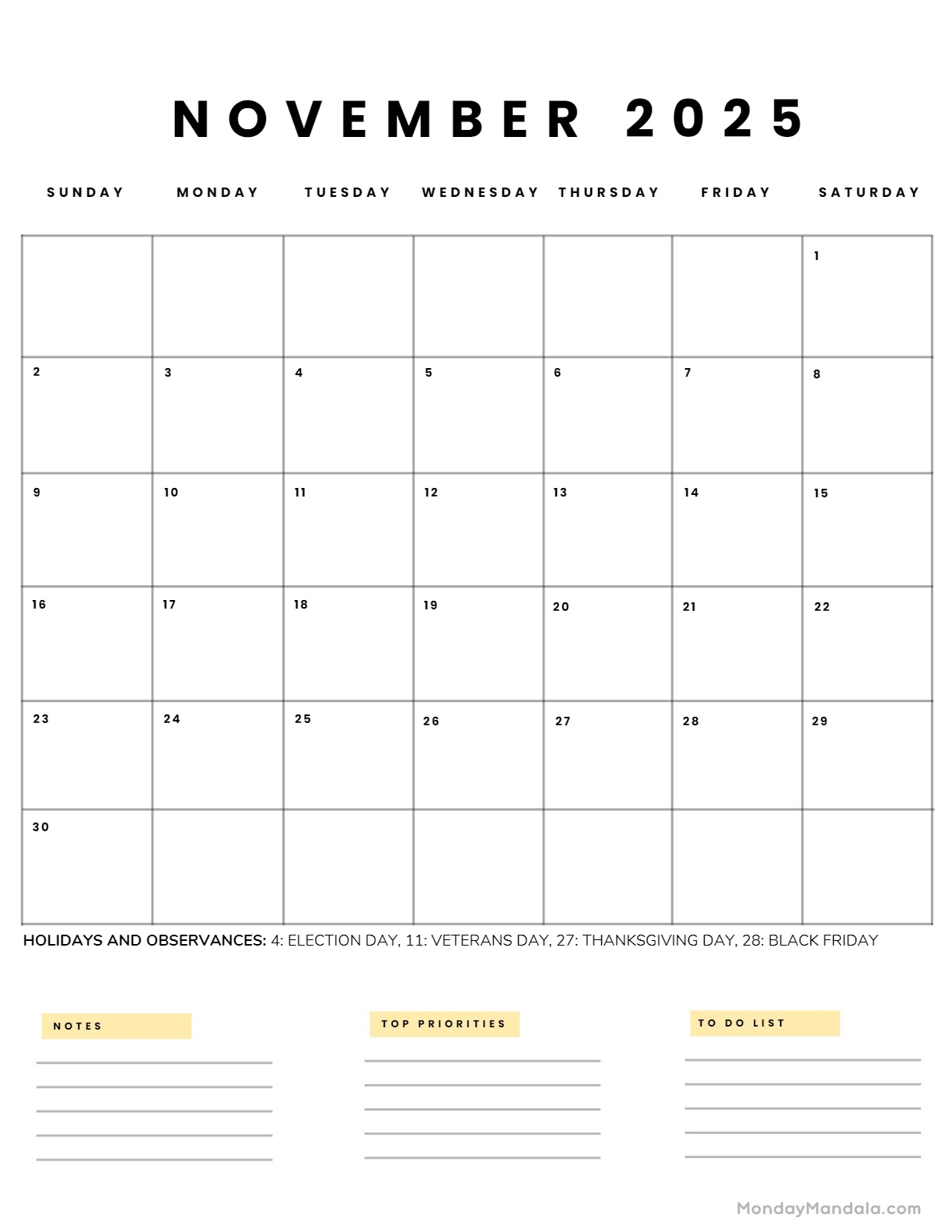 November Coloring Calendar 2025
