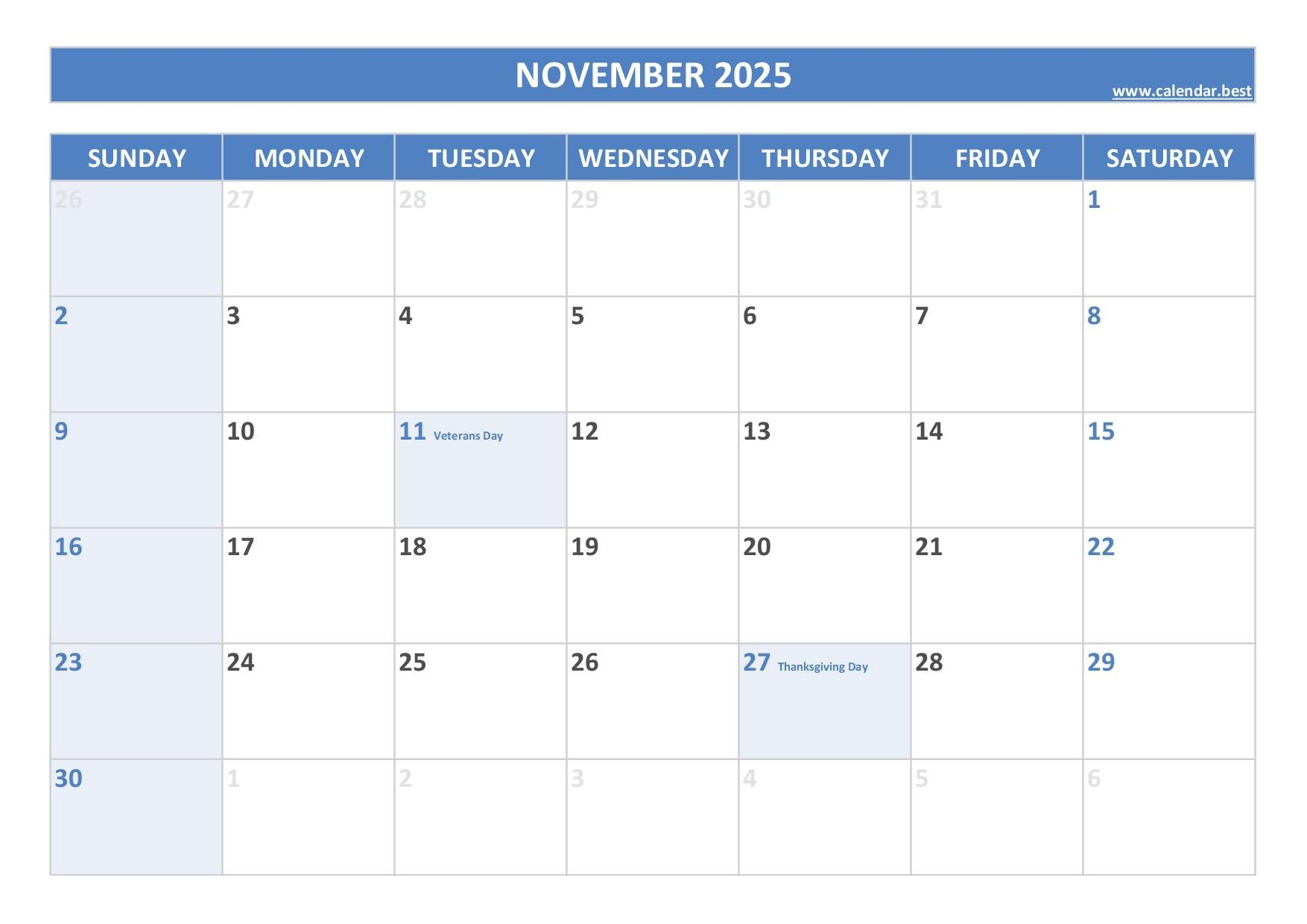 October And November 2025 Calendar Excel