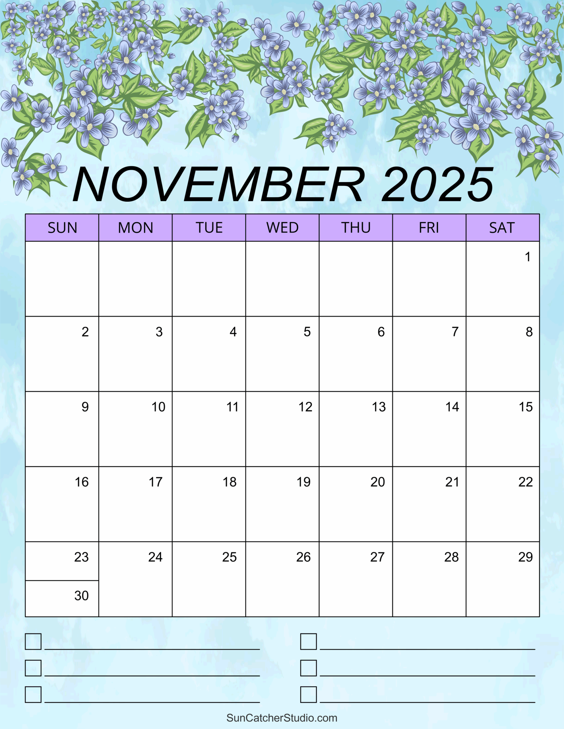 November Printable Monthly Calendar 2025