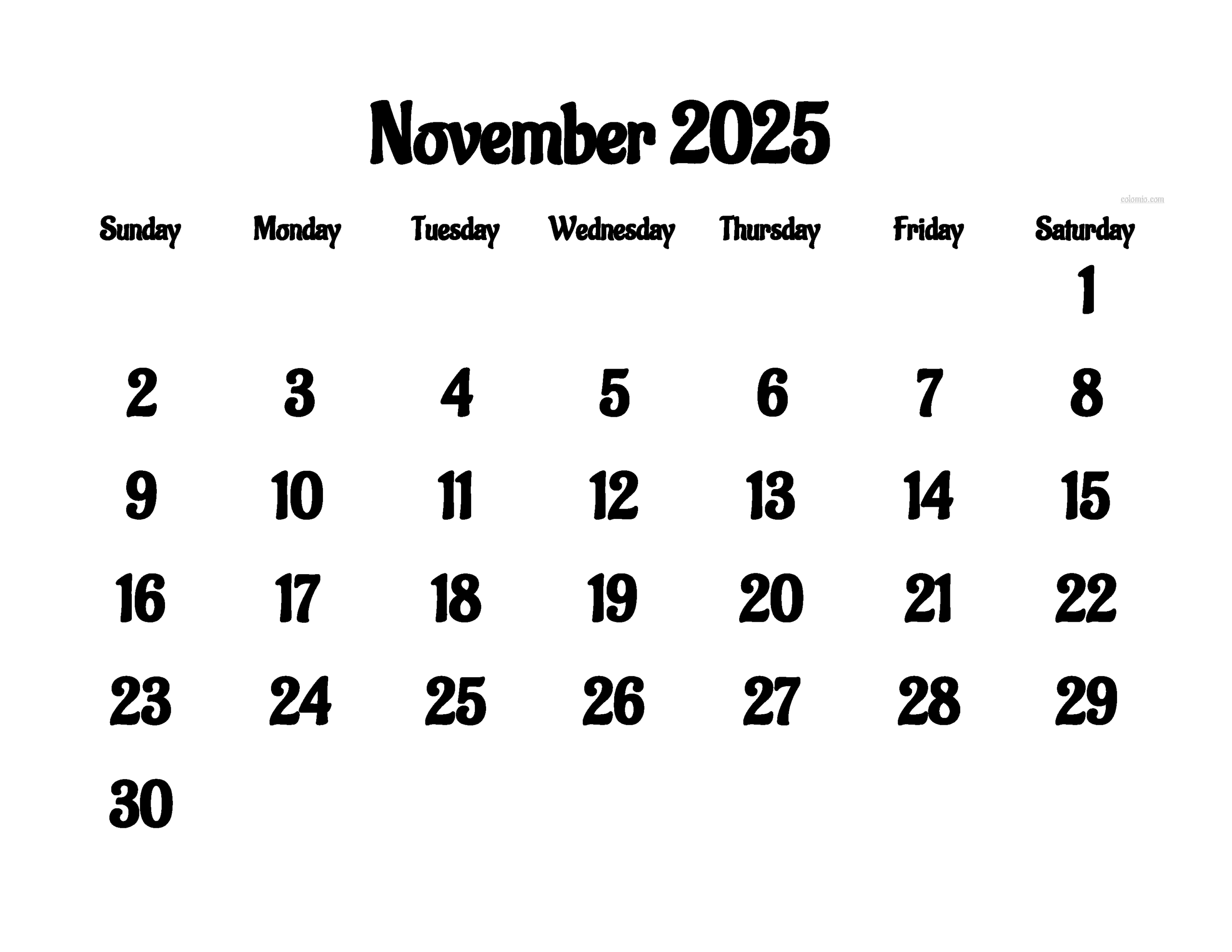 November Calendar Dates 2025
