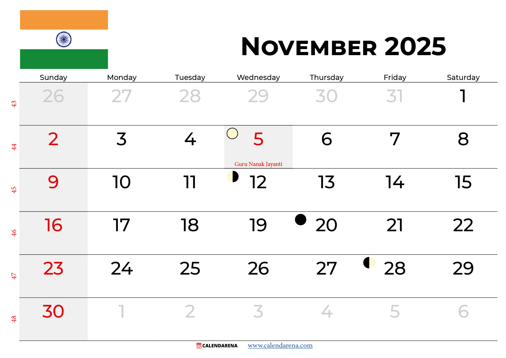 November 2025 With Holidays Calendar