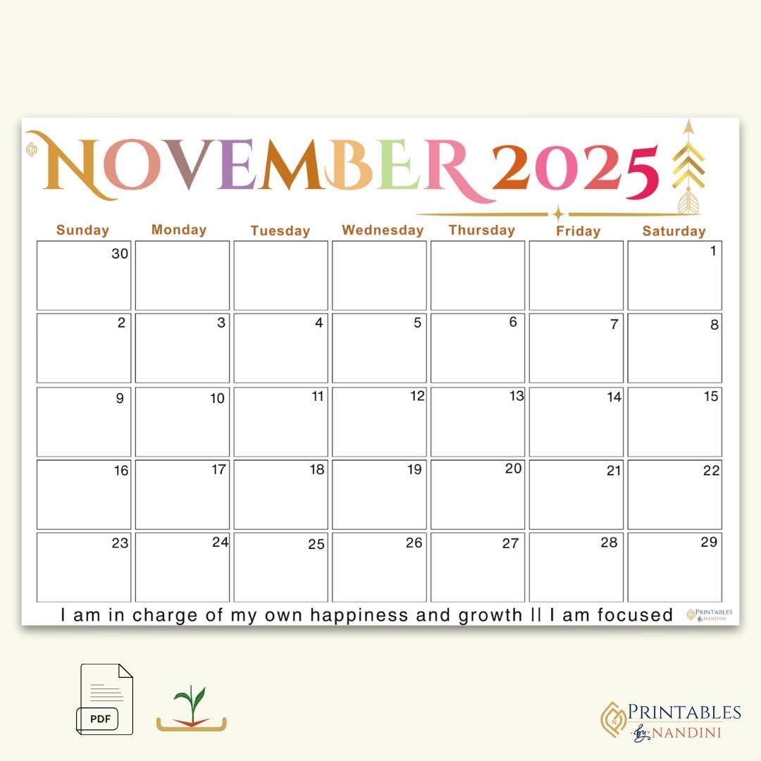 November 2025 Calendar Printable PDF Download With Affirmation 