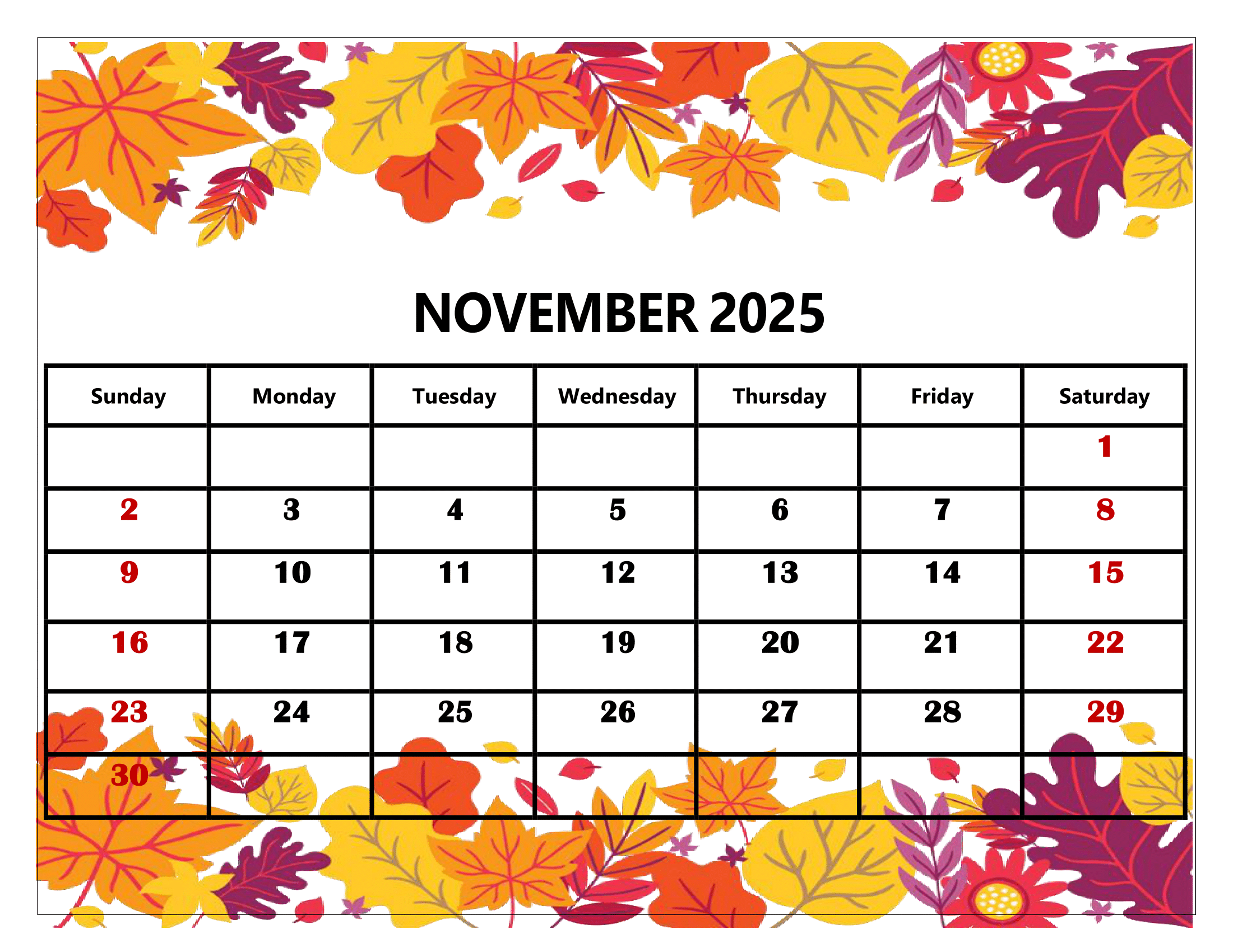November Month Calendar 2025 With Holidays