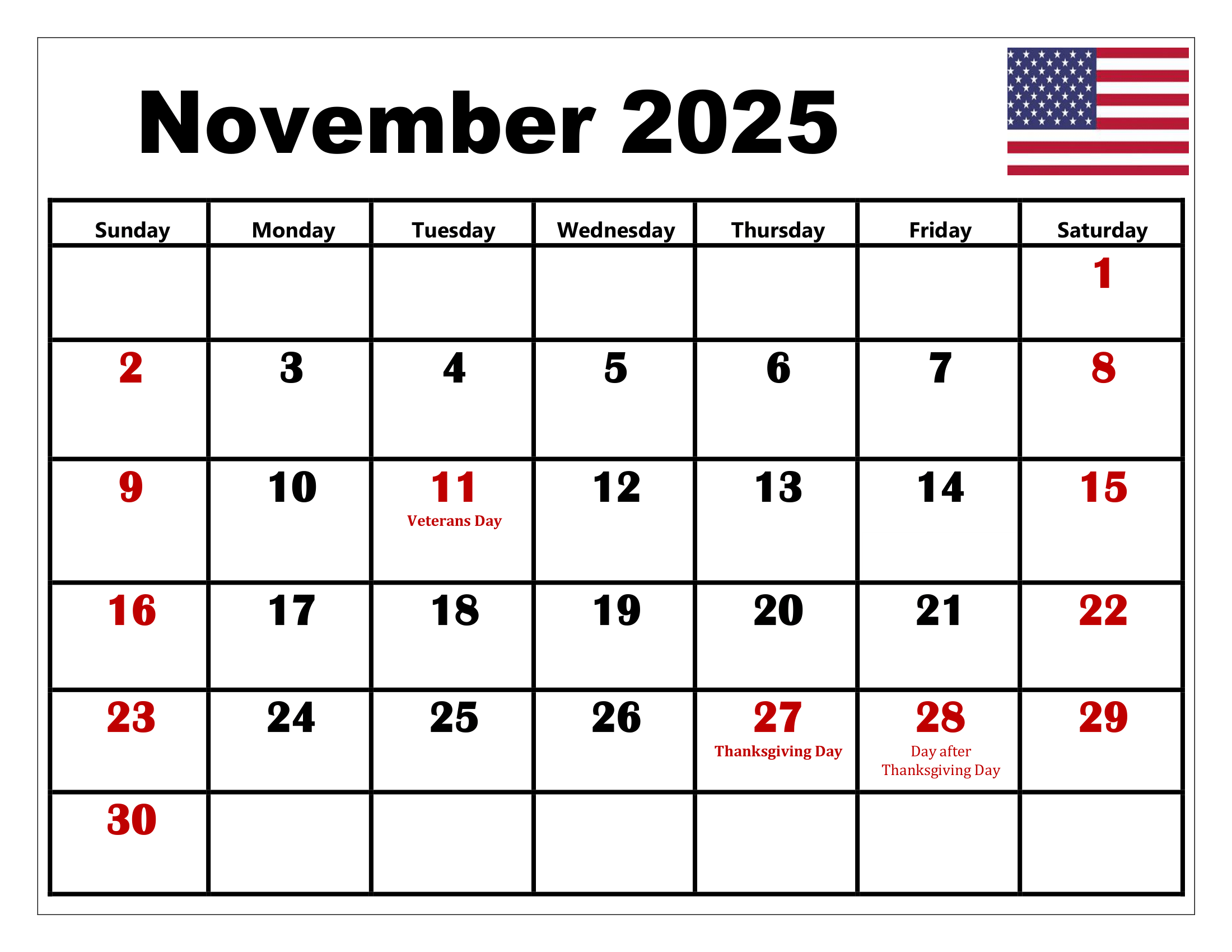Us Holiday Calendar November 2025