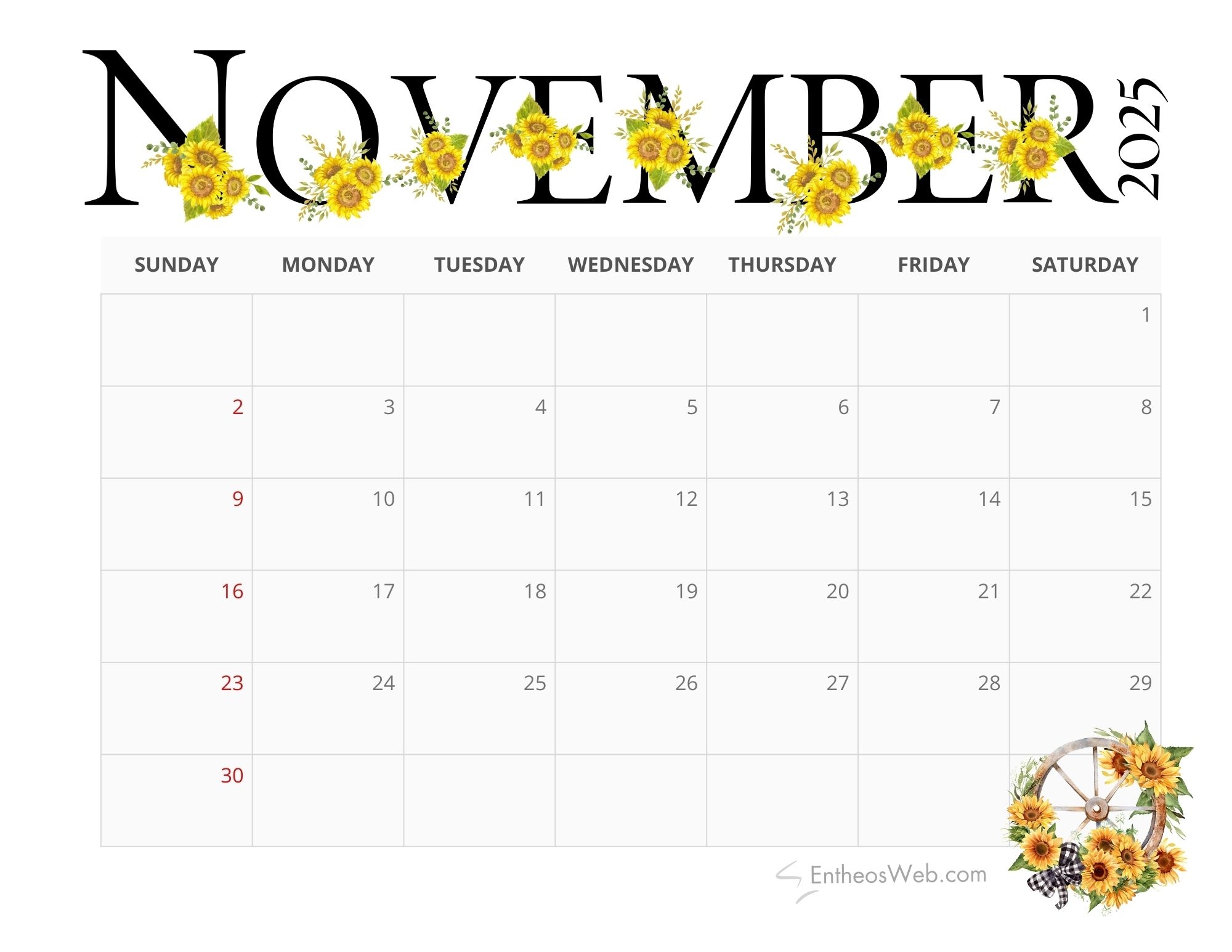 November 2025 Weekly Calendar Printable