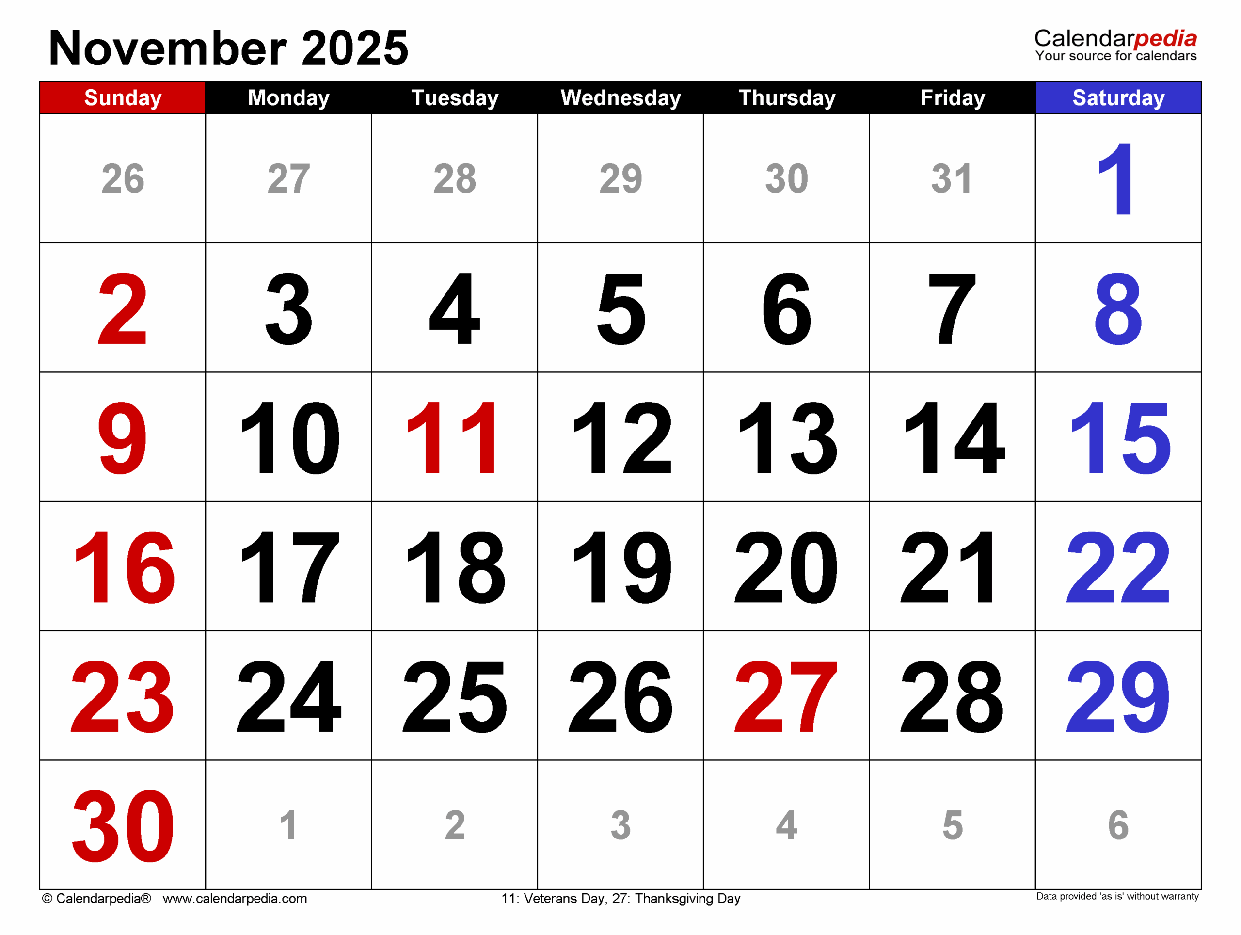 November Calendar Excel 2025