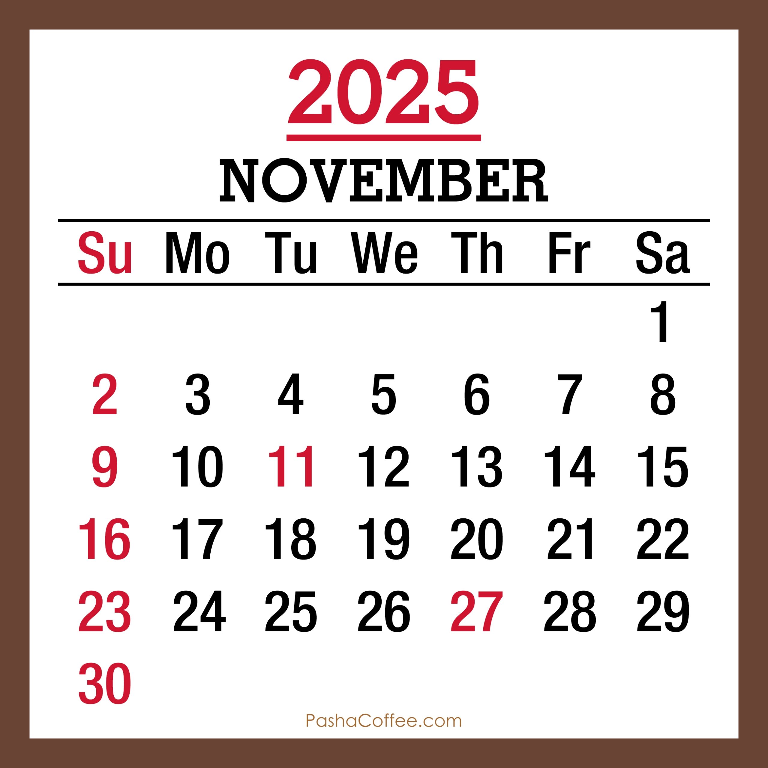 Calendar 2025 November Holiday