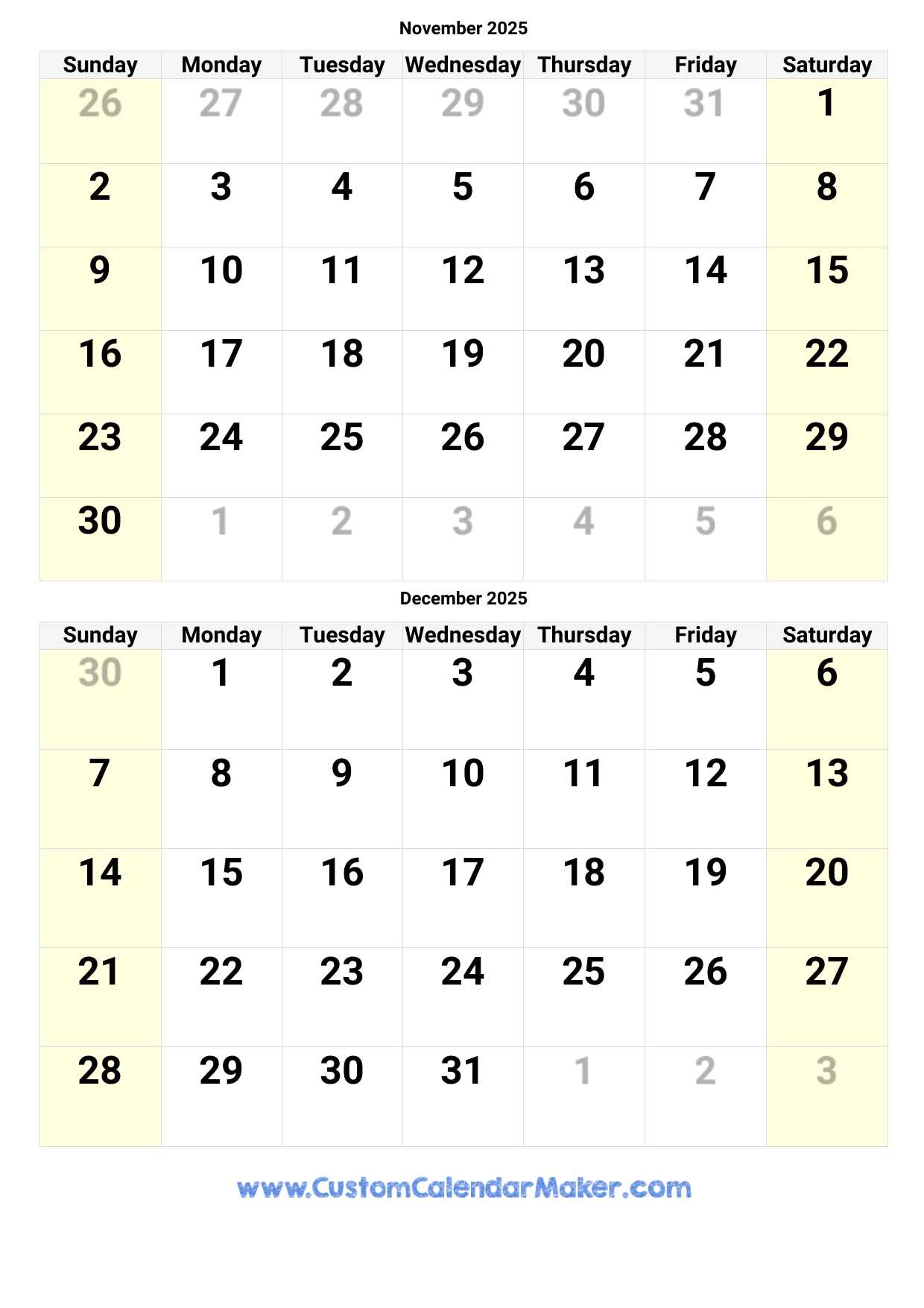 November December 2025 Calendar Printable Free