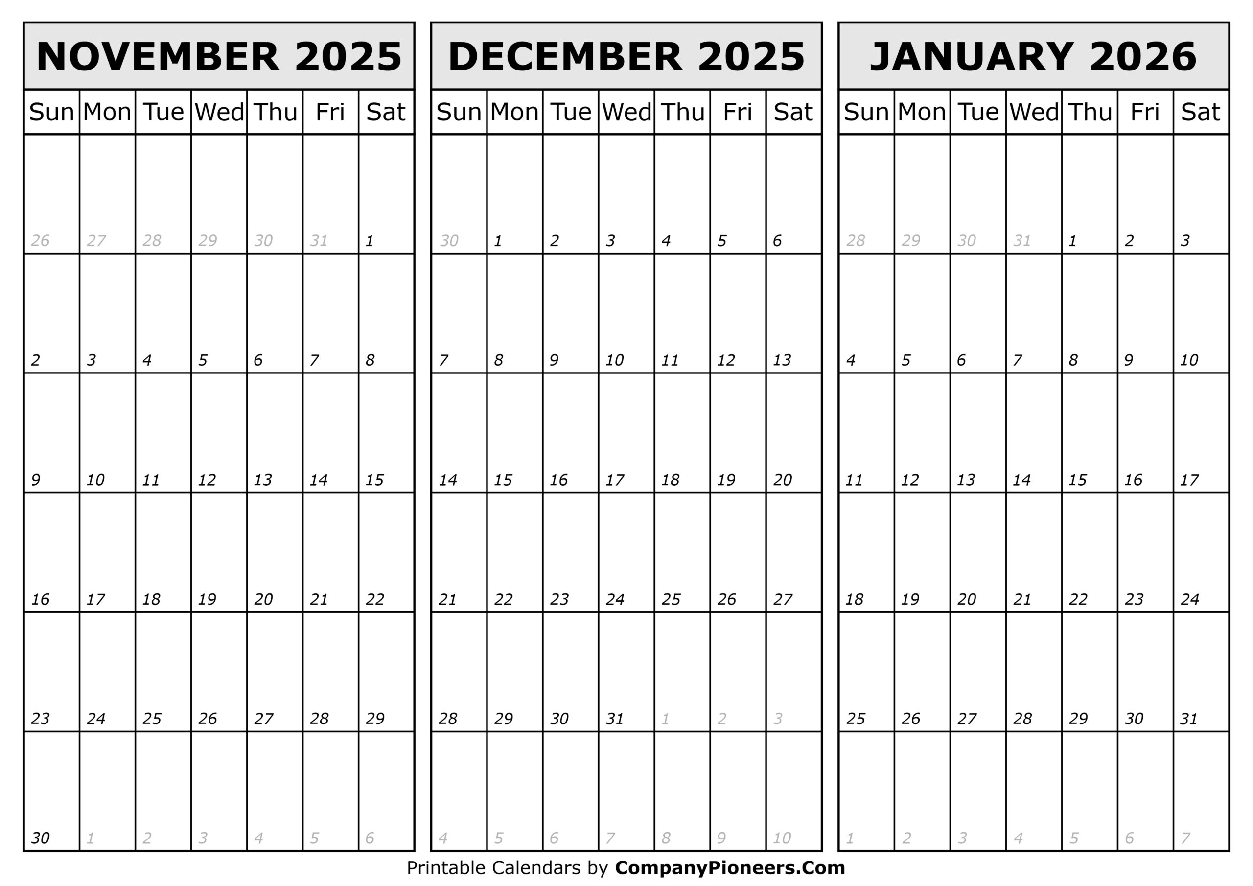 November December 2025 January 2026 Calendar Printable Template