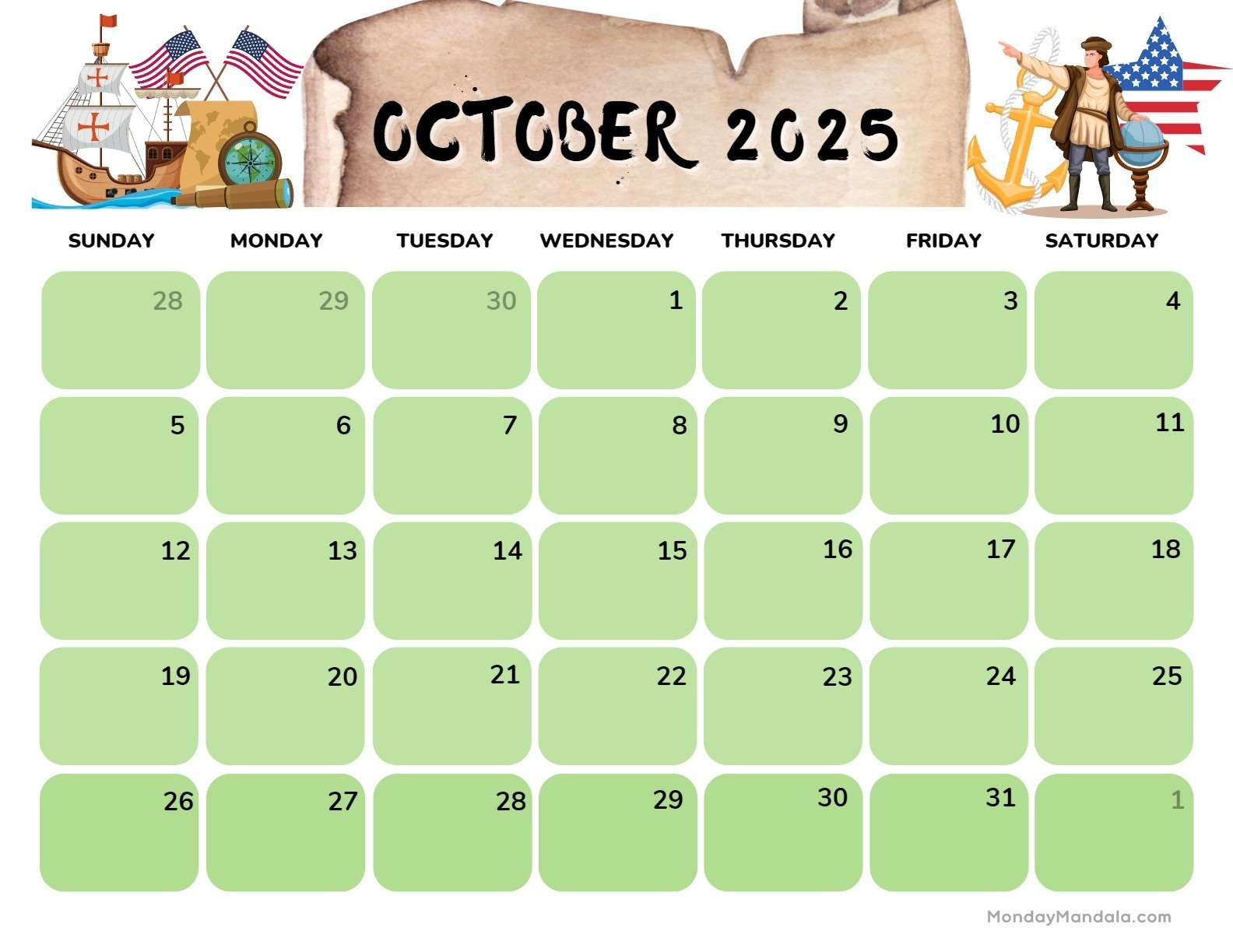 October 2025 Columbus Day Calendar