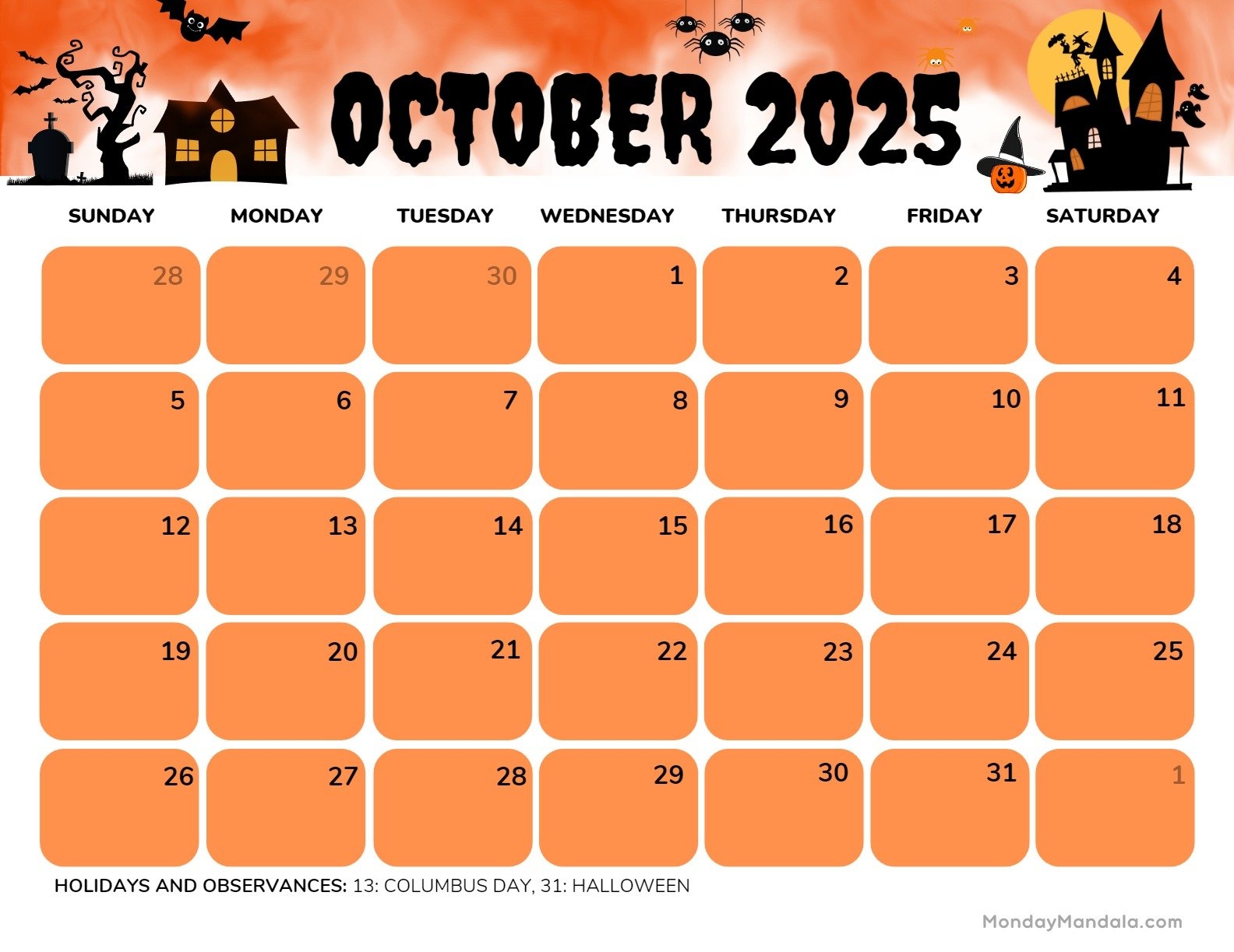 October 2025 Calendar Landscape