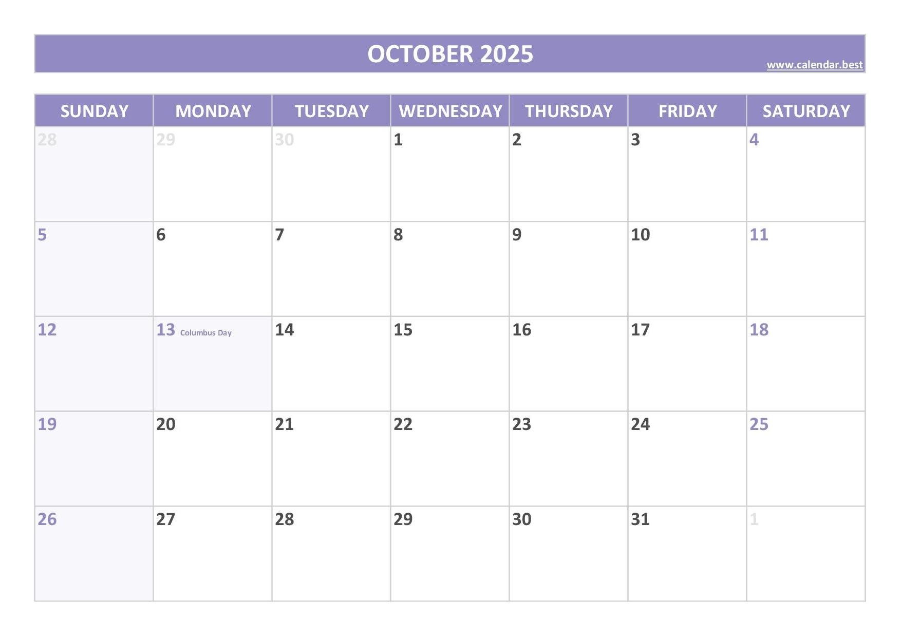 October 2025 Calendar Calendar best