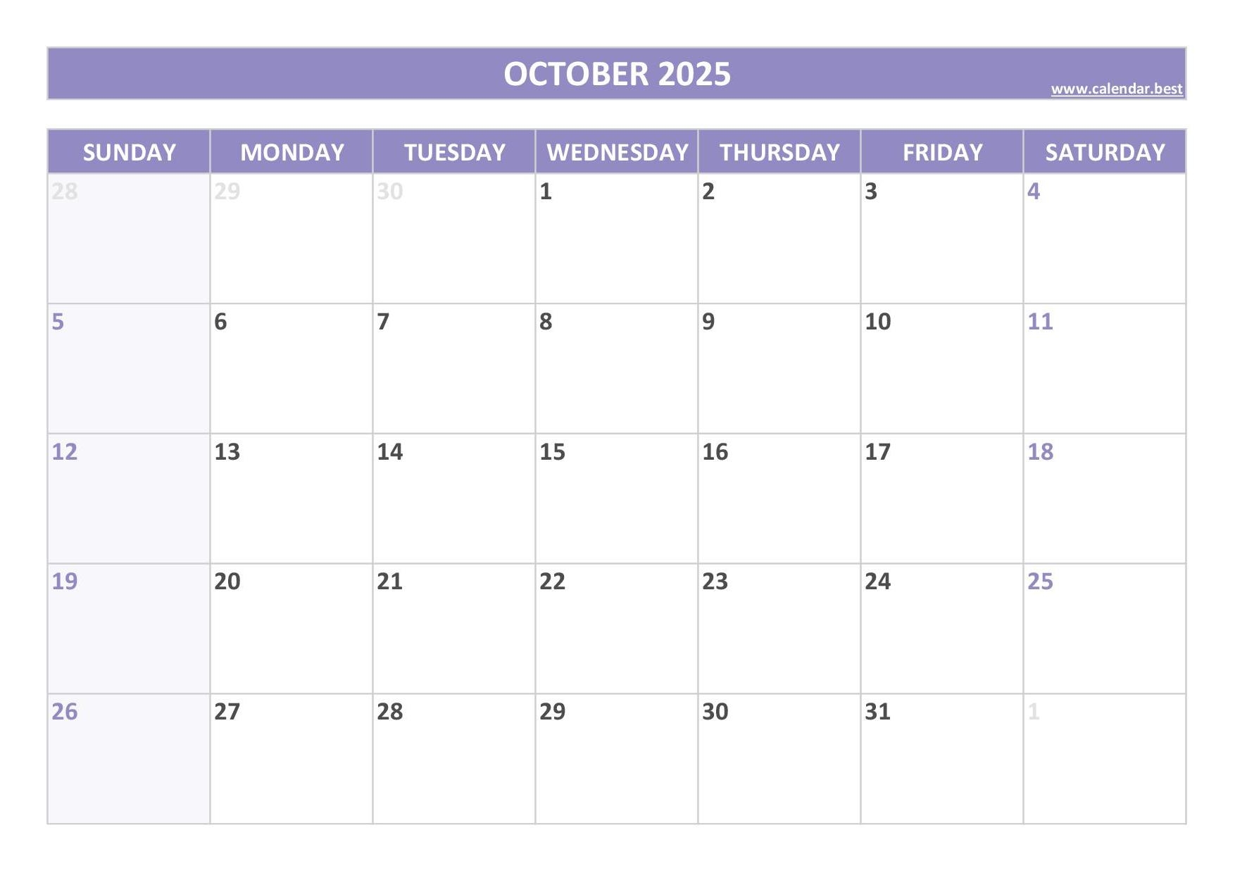 October 2025 Calendar Calendar best October 2025 Calendar Calendar best