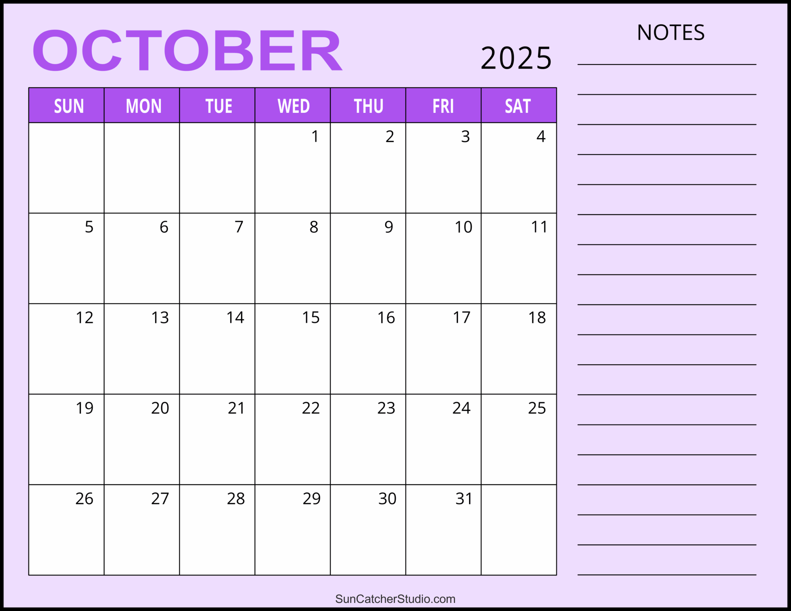 October Calendar 2025 Word