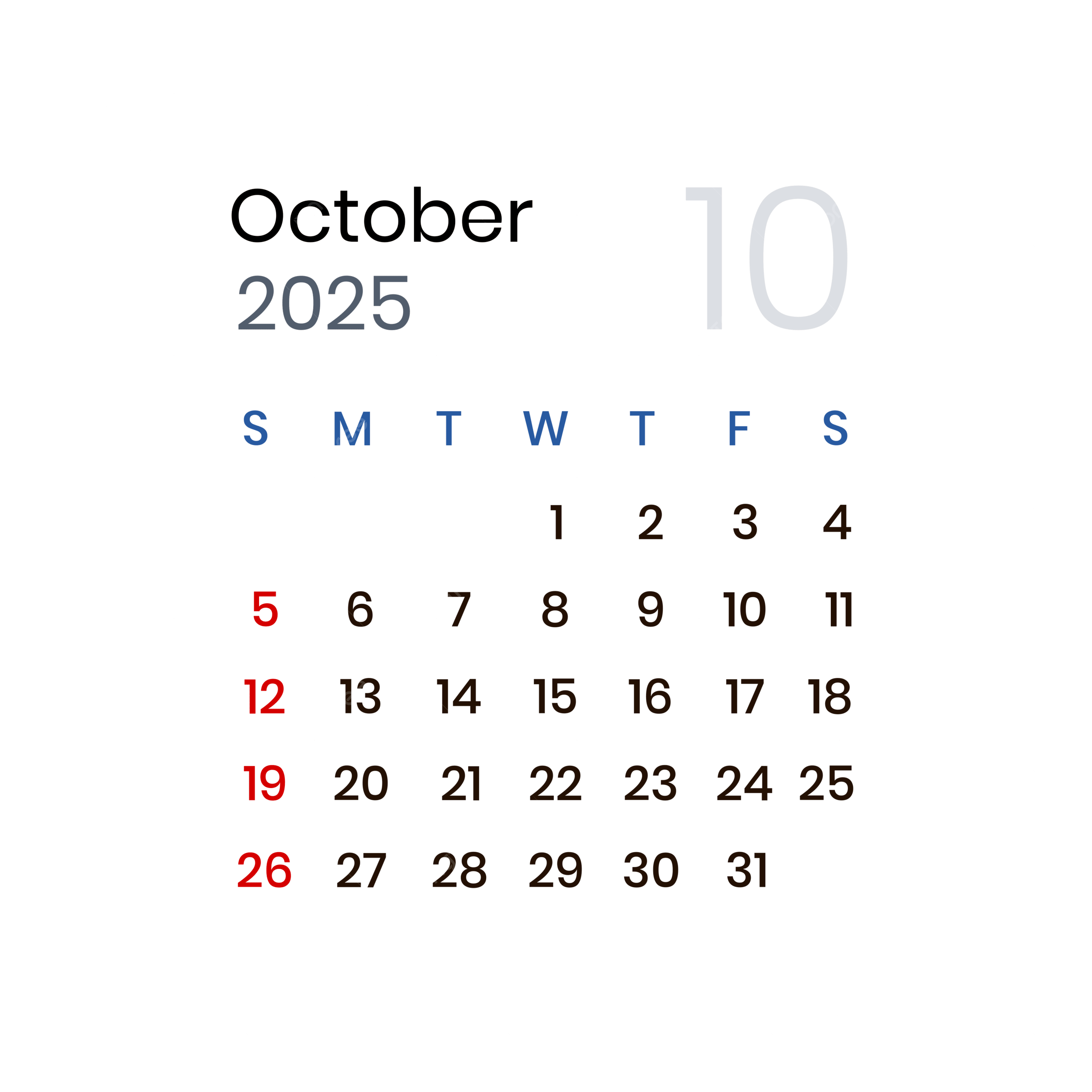 October 2025 Calendar Minimalist Vector October 2025 Calendar 2025 October 2025 Calendar PNG And Vector With Transparent Background For Free Download