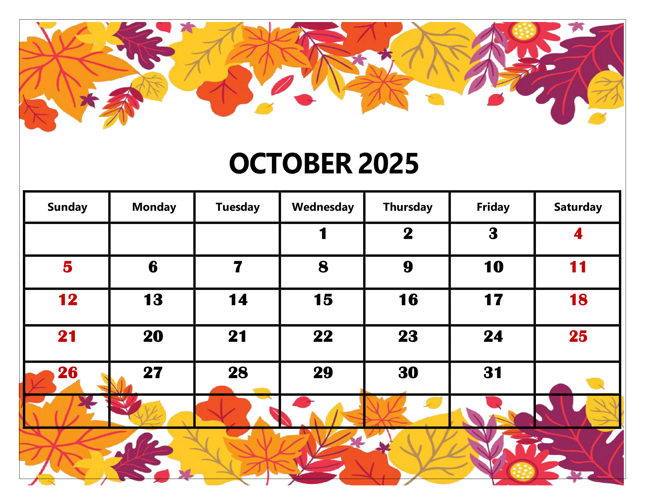 October 2025 Calendar Printable PDF Template With Holidays