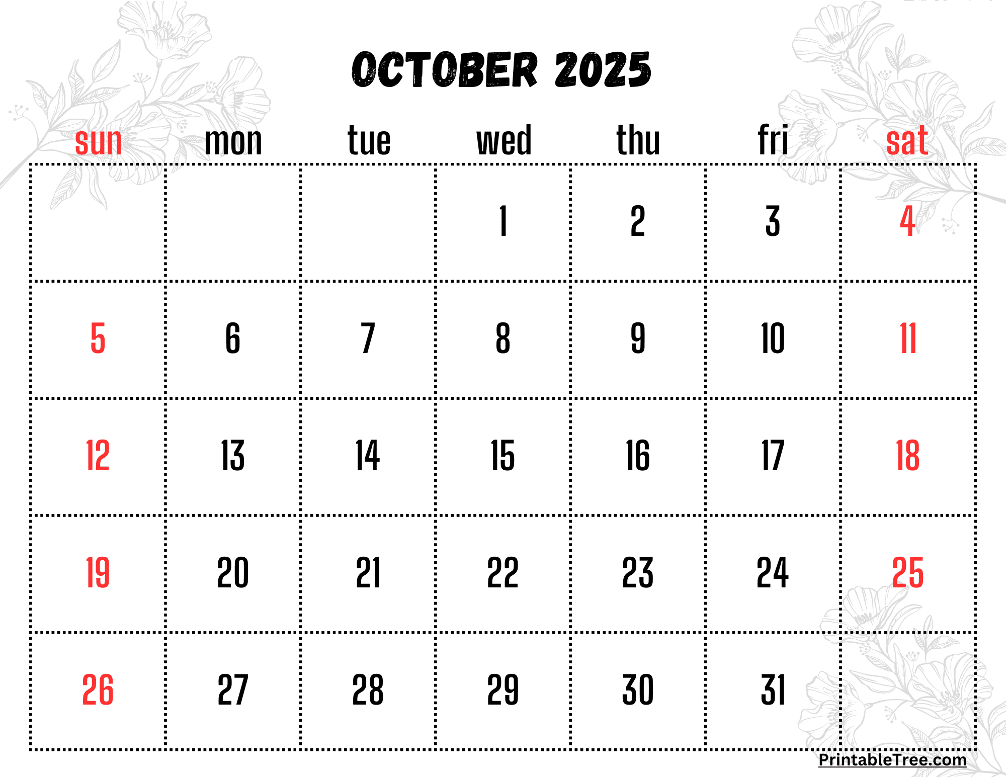 Word October 2025 Calendar