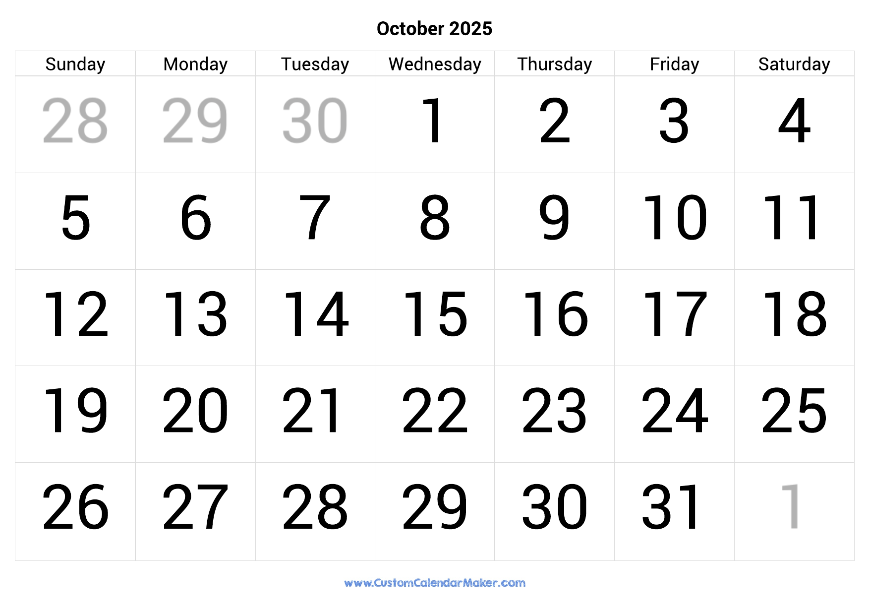 October 2025 Calendar Big Numbers