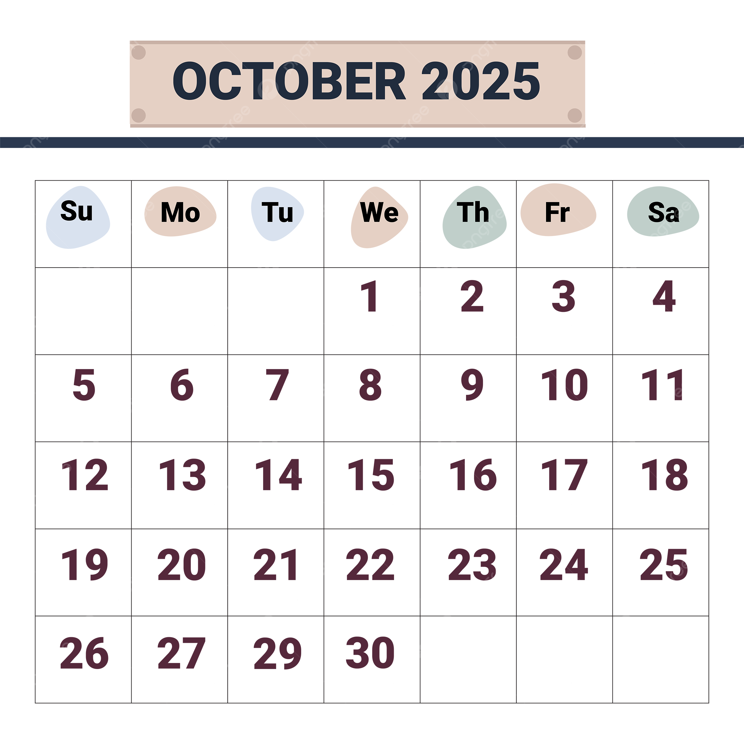 October 2025 Calendar Simple Vector October October Days Calendar Templates PNG And Vector With Transparent Background For Free Download