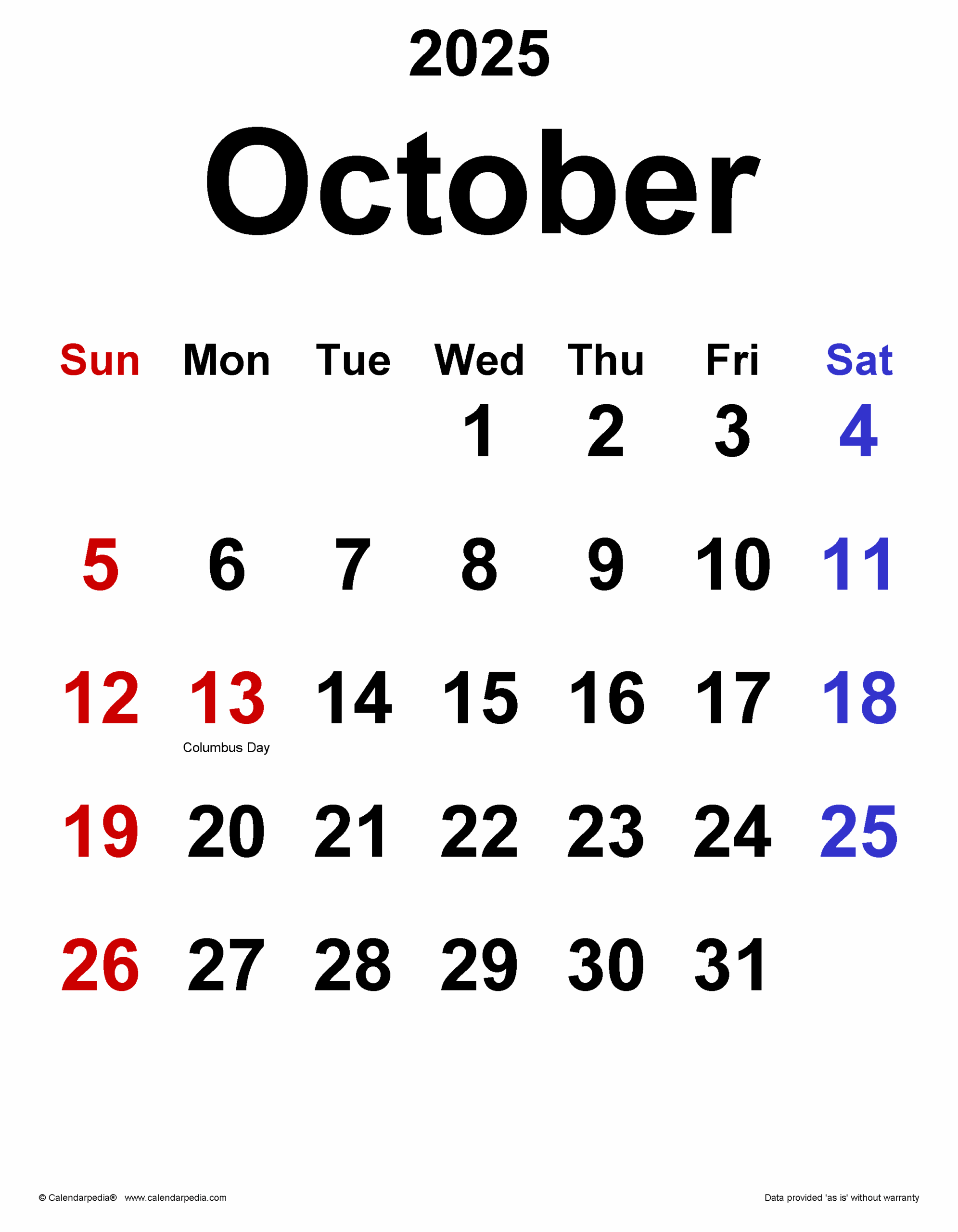October 2025 Calendar Templates For PDF Excel And Word