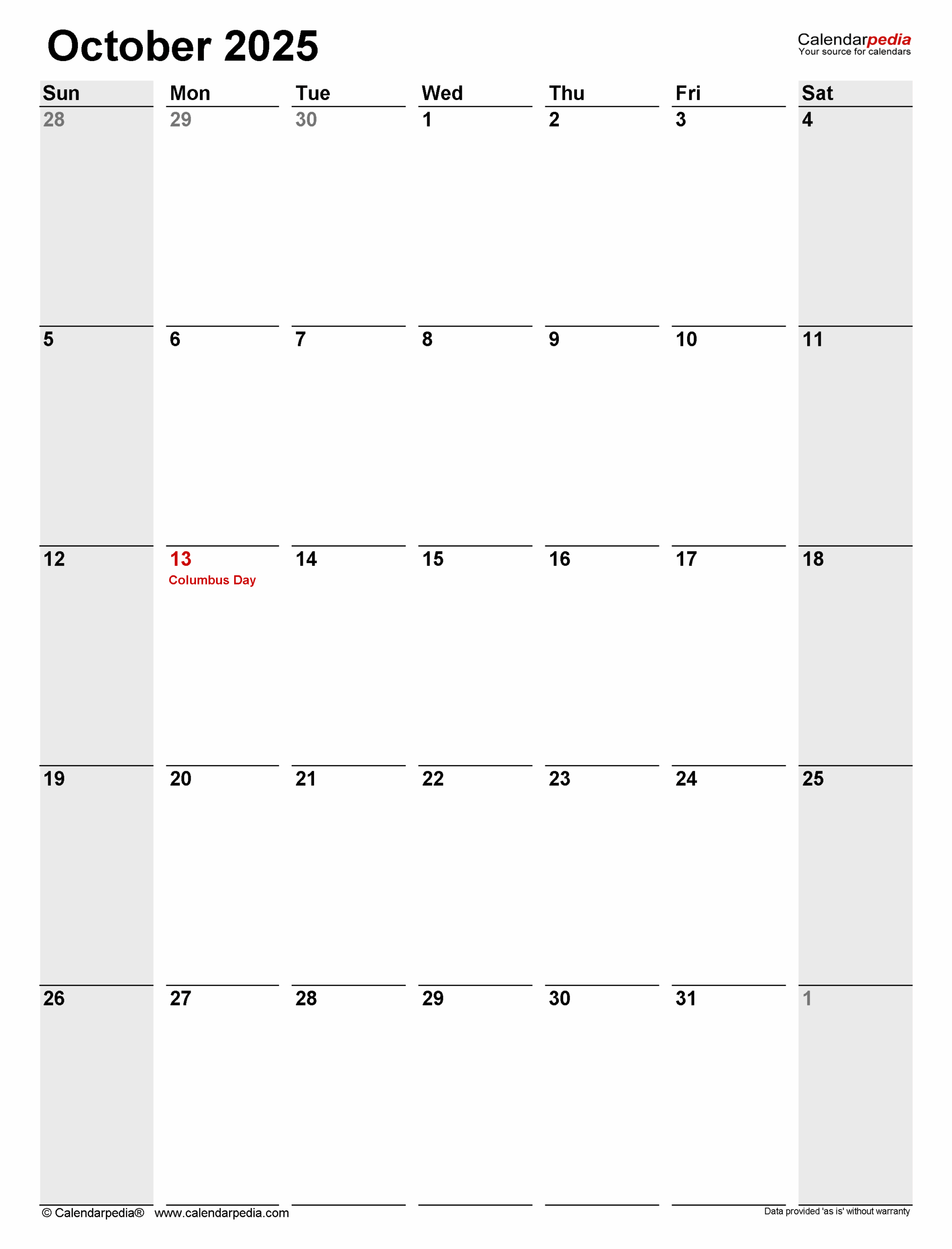 October 2025 Calendar Templates For PDF Excel And Word