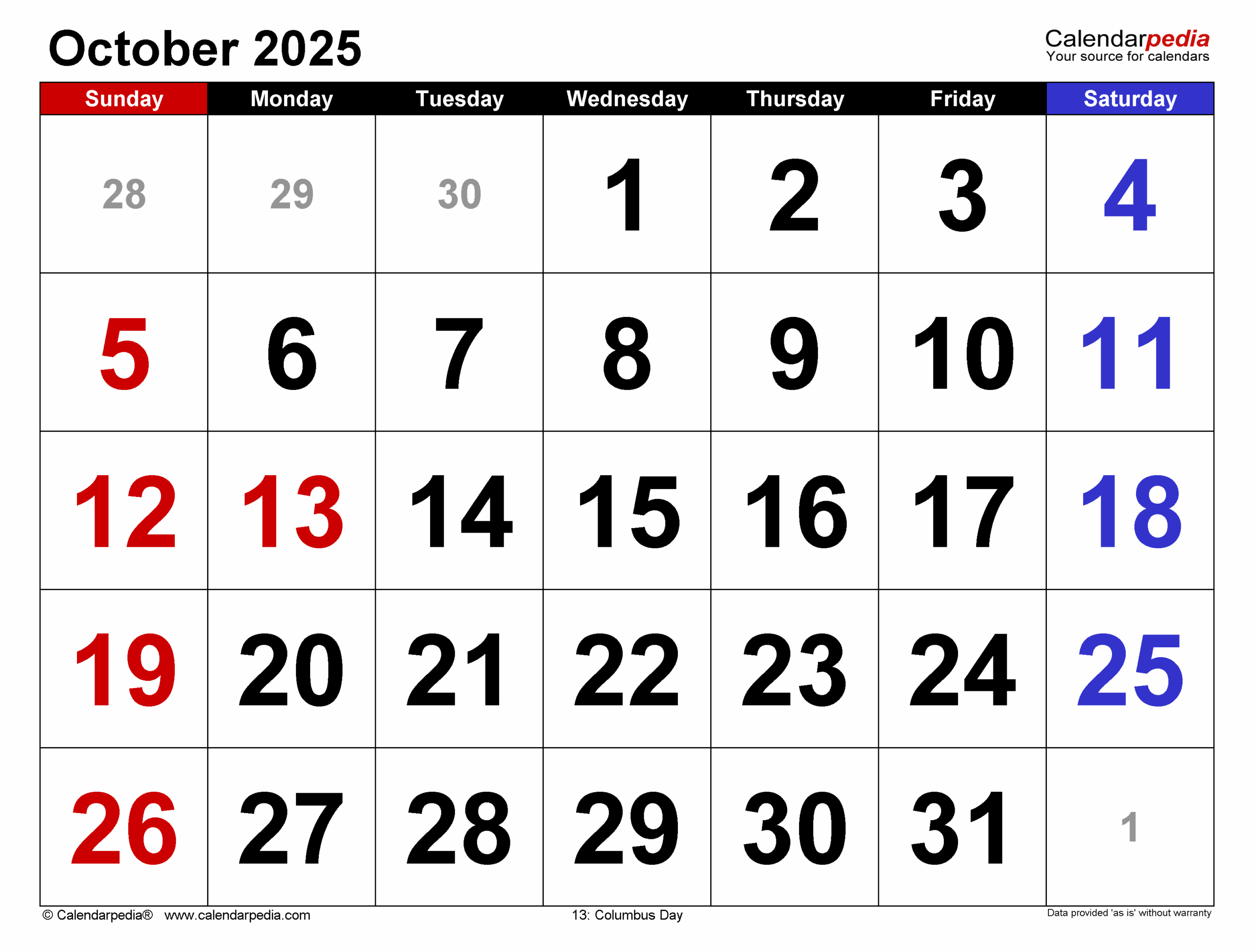 October 2025 Calendar In Excel