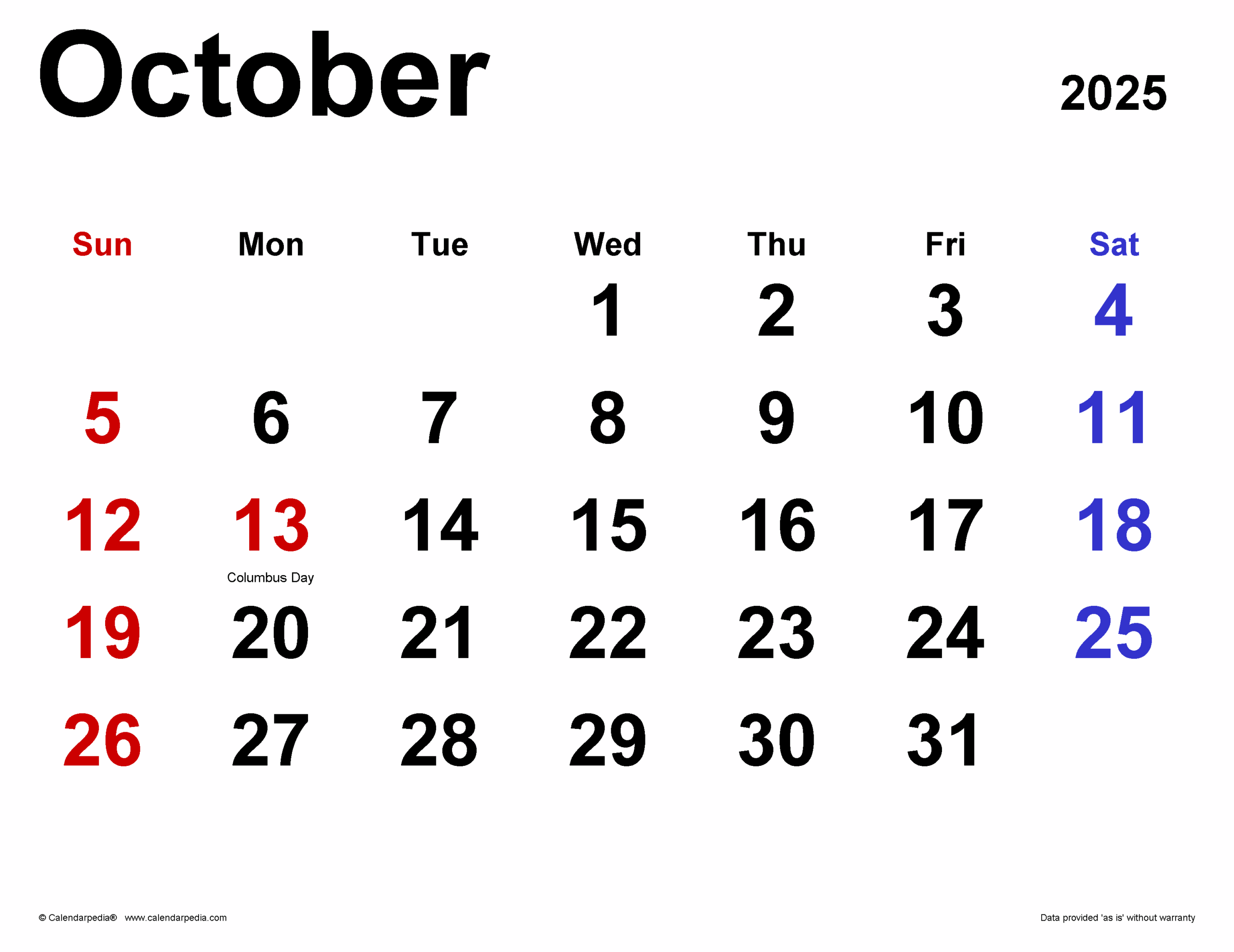 October 2025 Columbus Day Calendar
