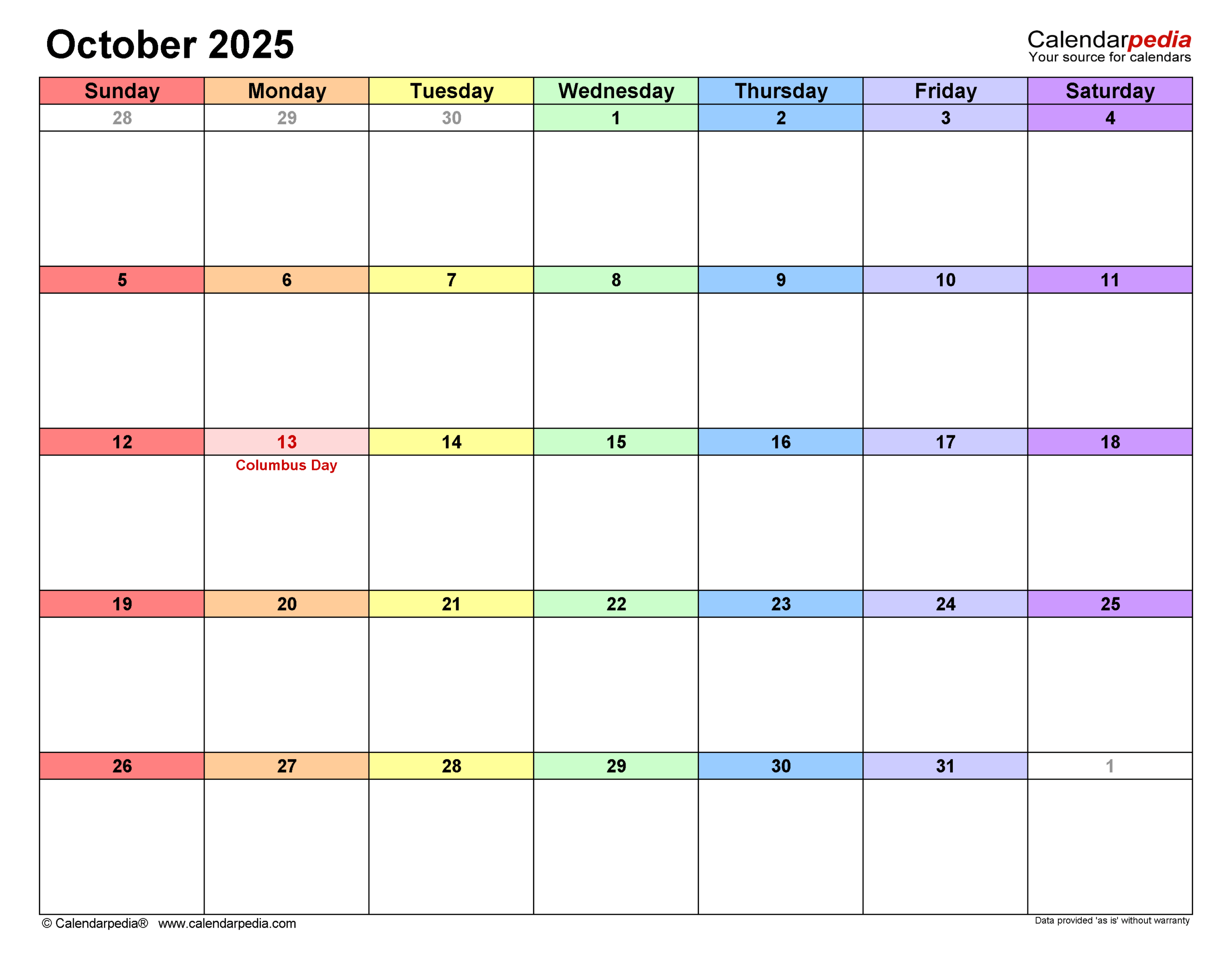 October 2025 Editable Calendar Word