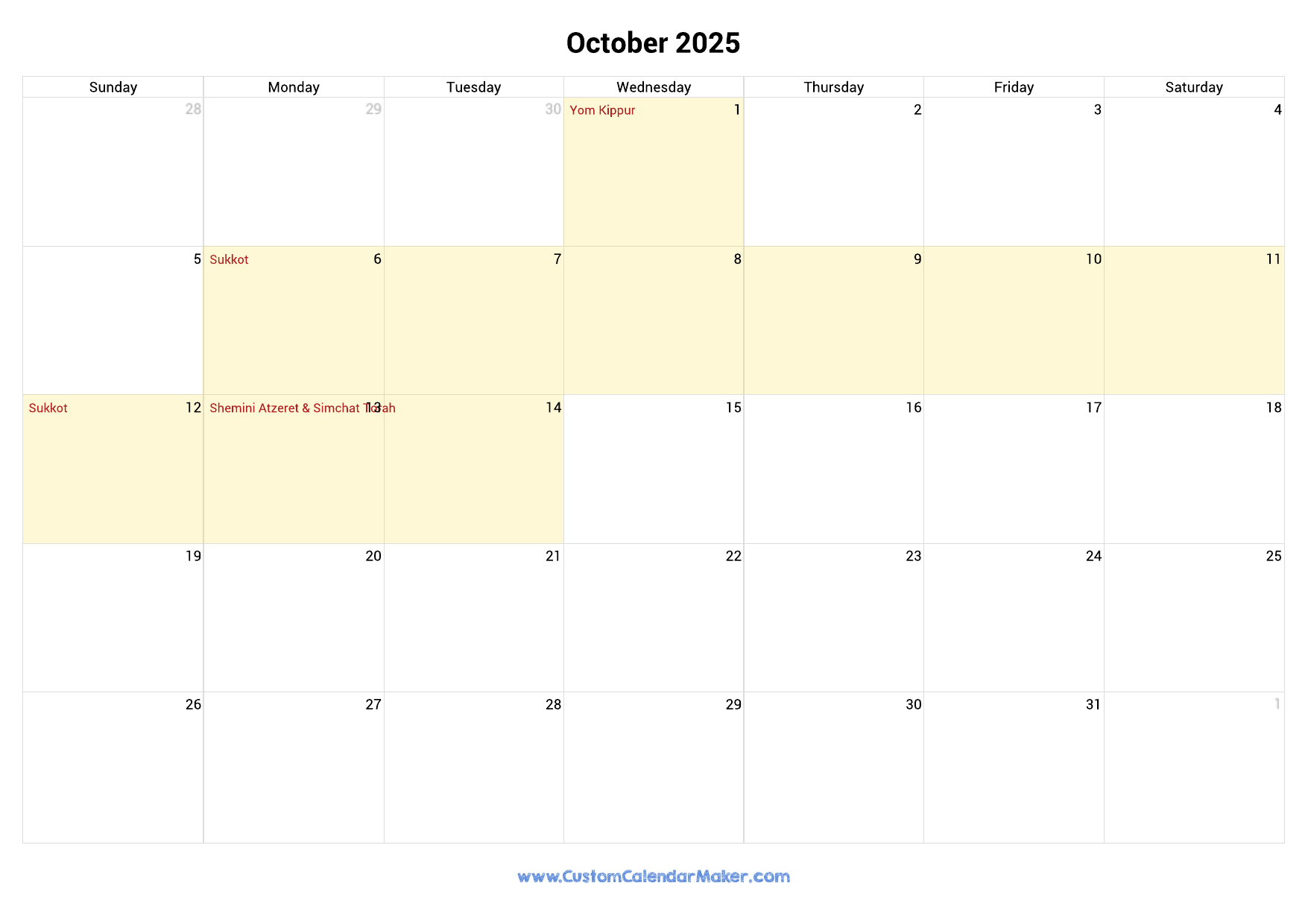 October 2025 Jewish Calendar With Hebrew Holidays Custom Calendar Maker