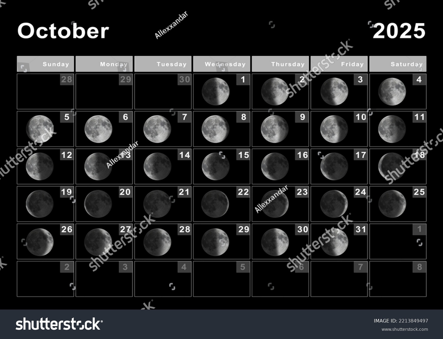 October 2025 Lunar Calendar Moon Cycles Stock Illustration