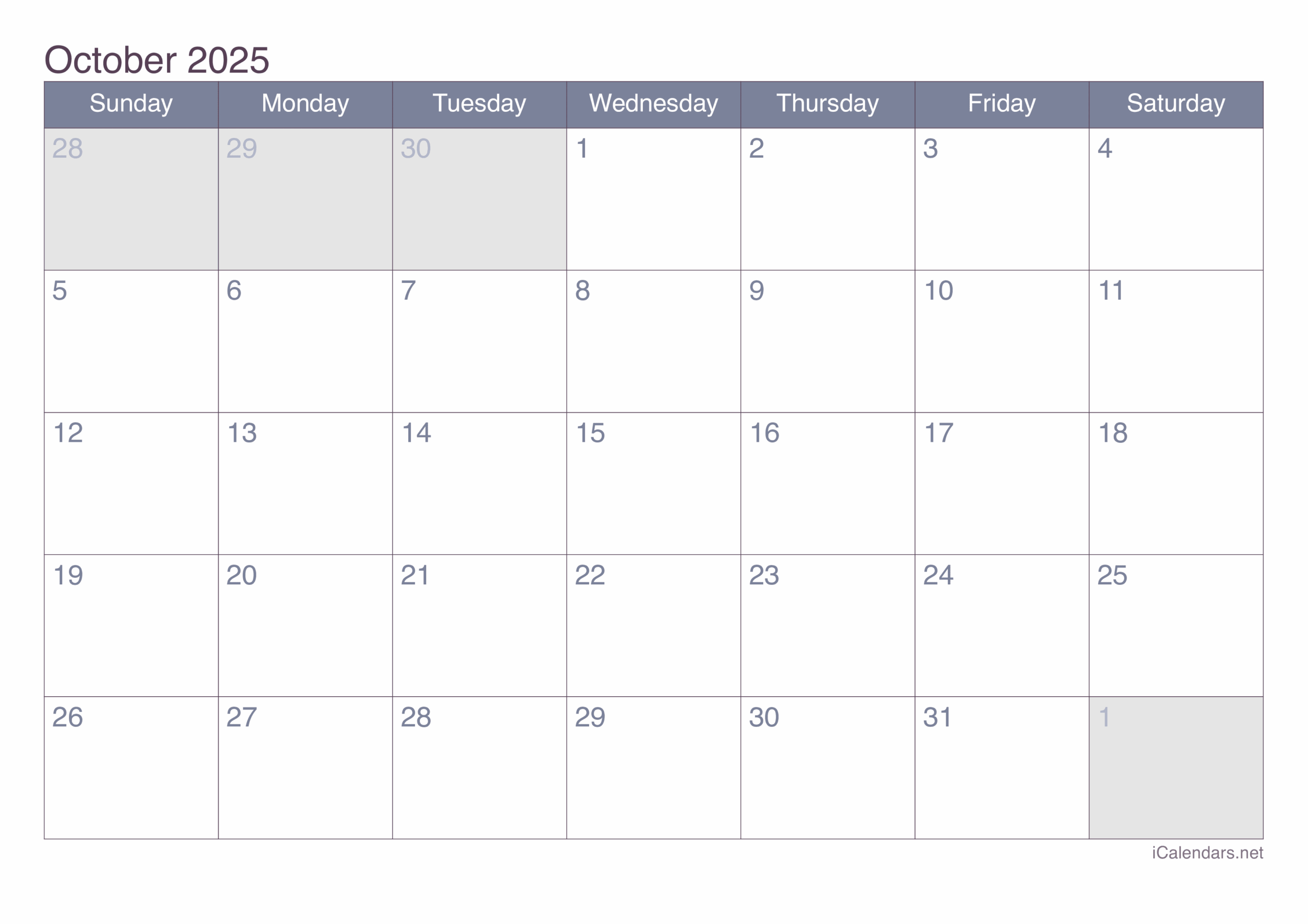 October 2025 Printable Calendar