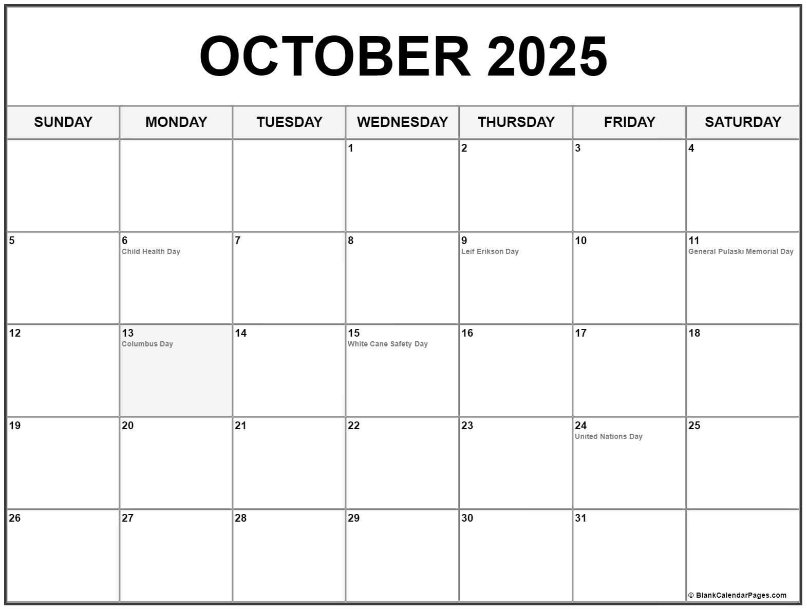 October 2025 With Holidays Calendar