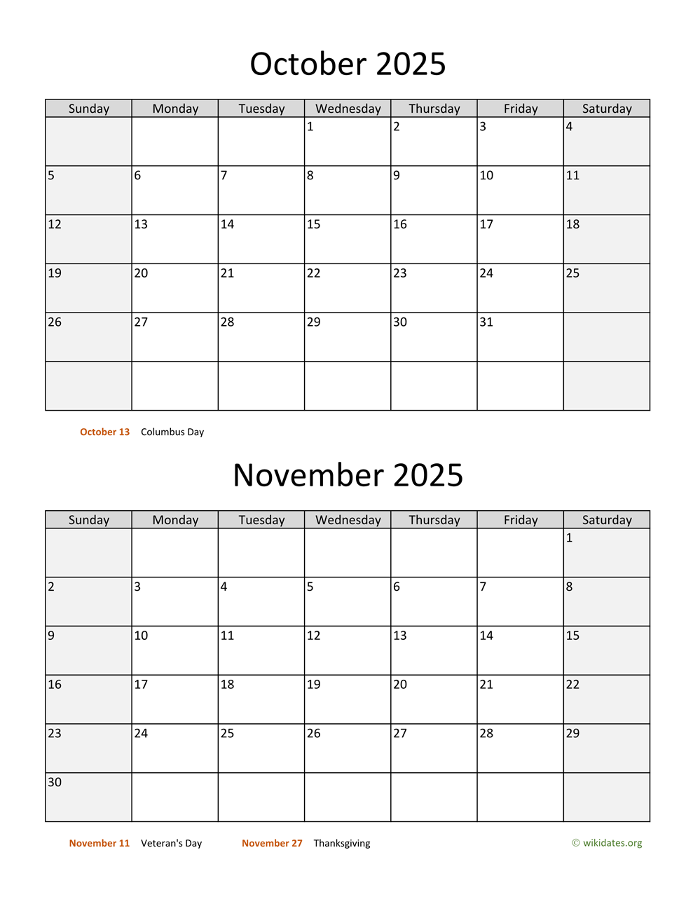 October And November 2025 Calendar Excel