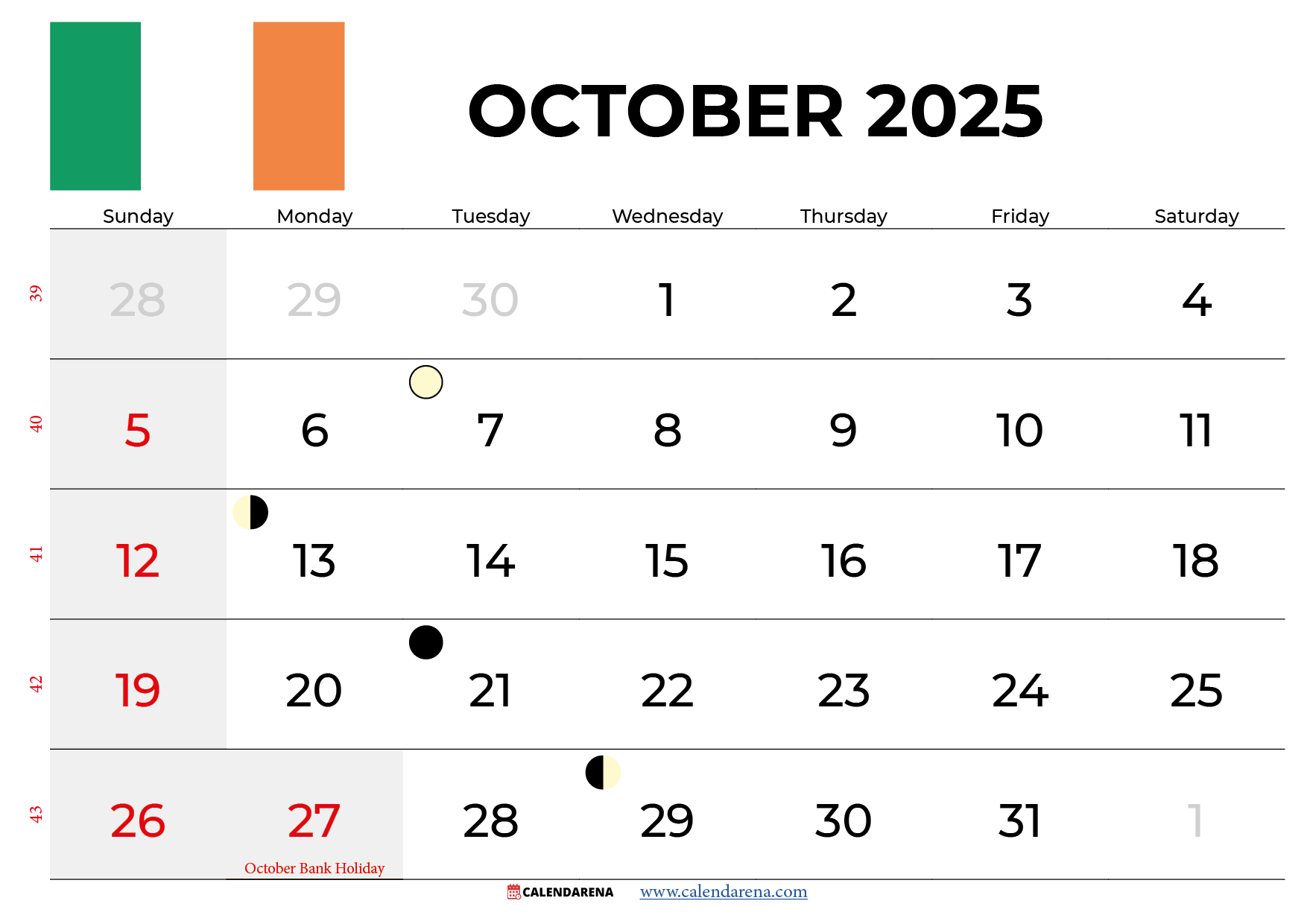 October Calendar 2025 Ireland