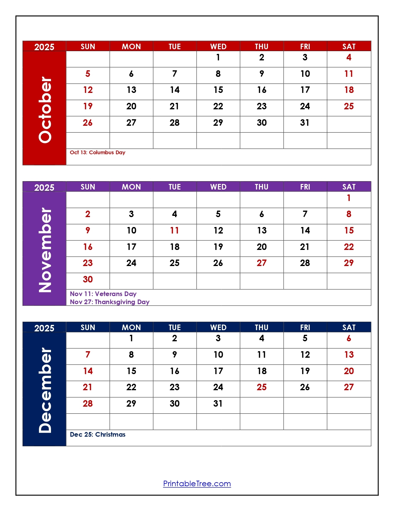 October To December 2025 Calendar Printable PDF Three Months 
