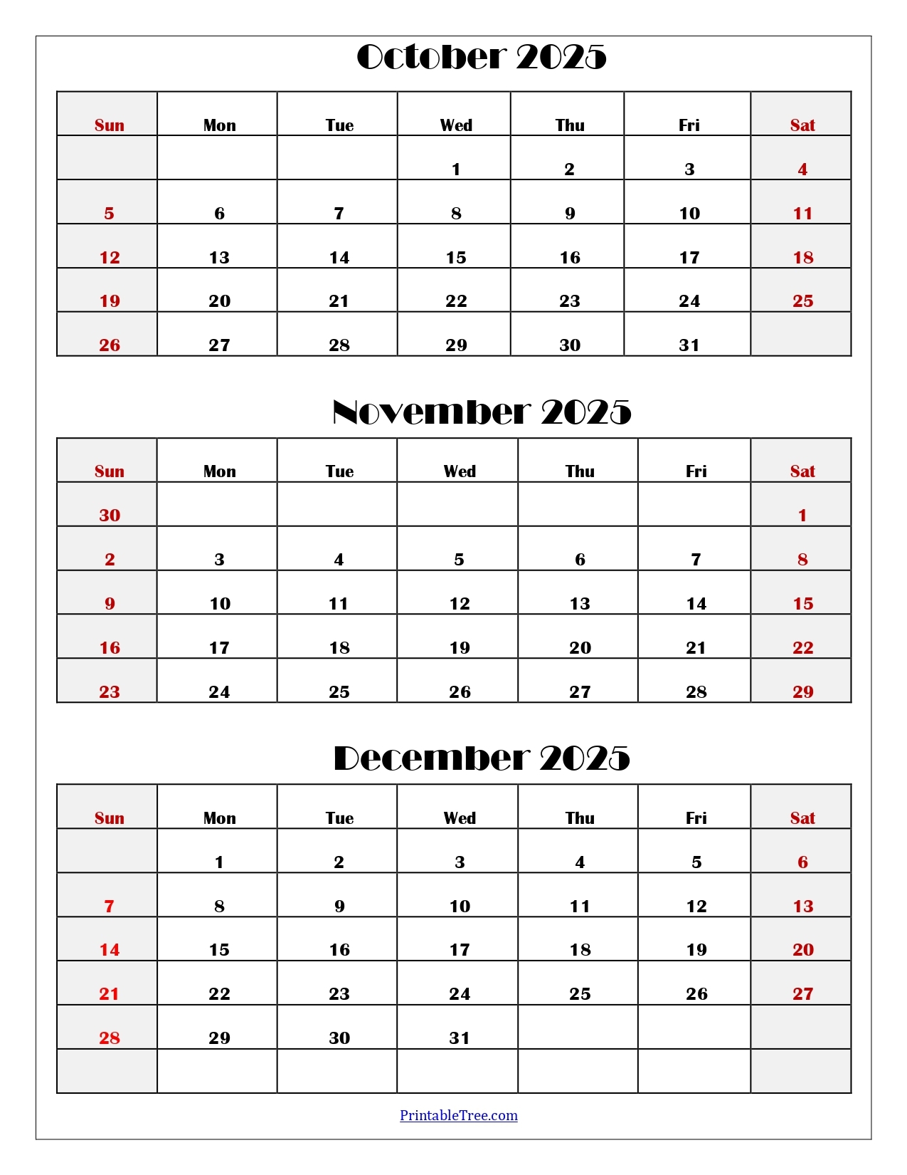 October To December 2025 Calendar Printable PDF Three Months 
