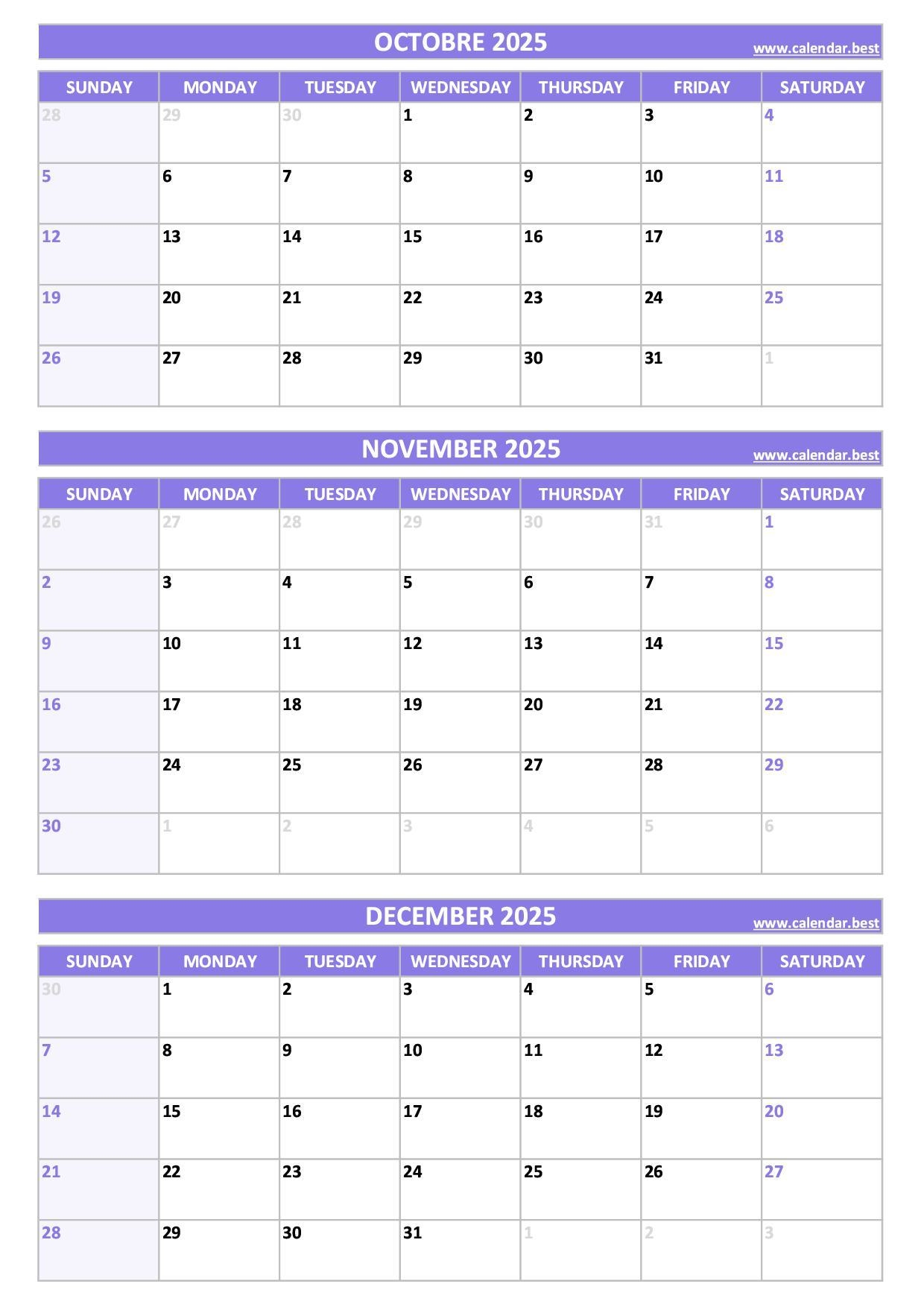 Printable 4th Quarter 2025 Calendar Months Of October November 