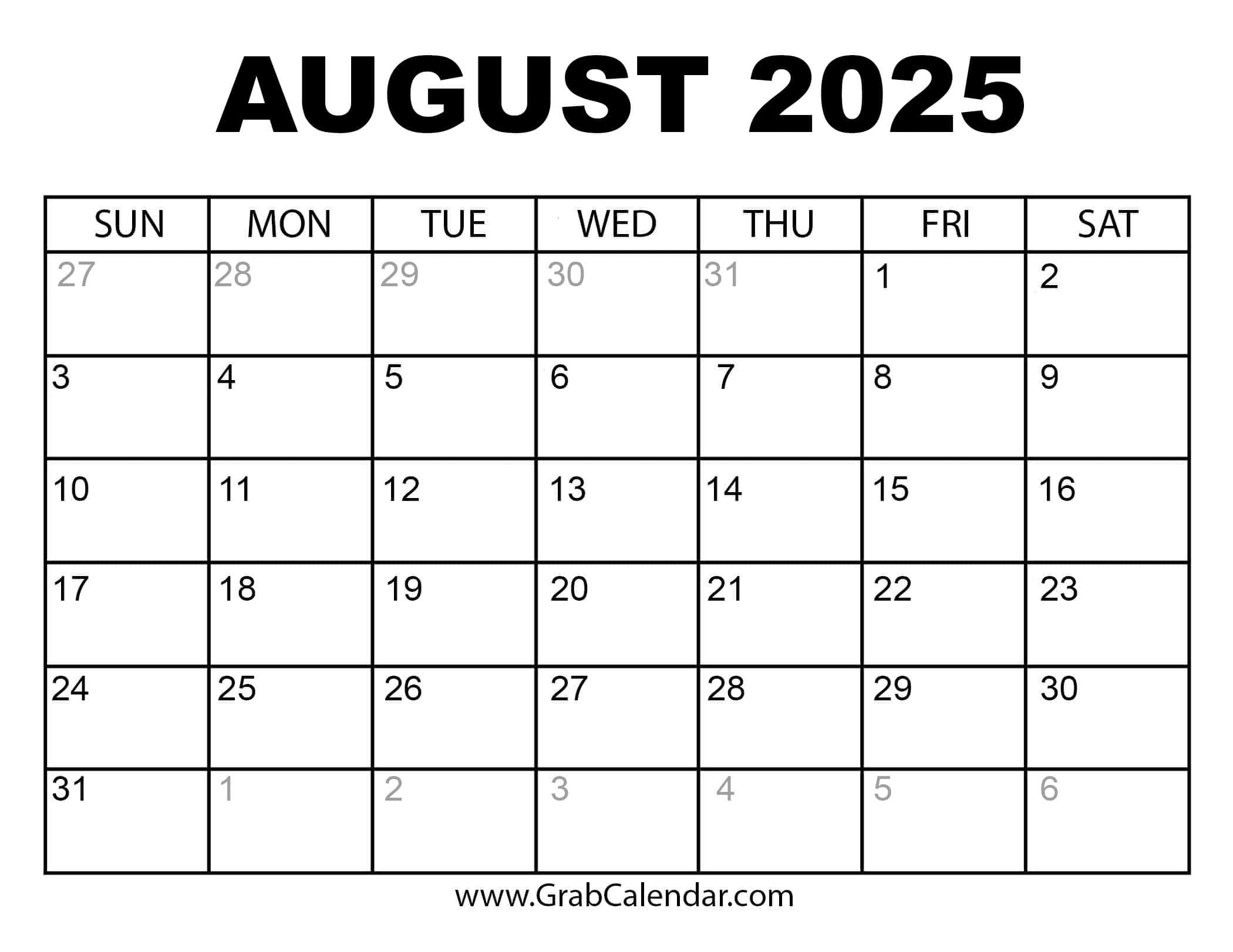 Printable August 2025 Calendar