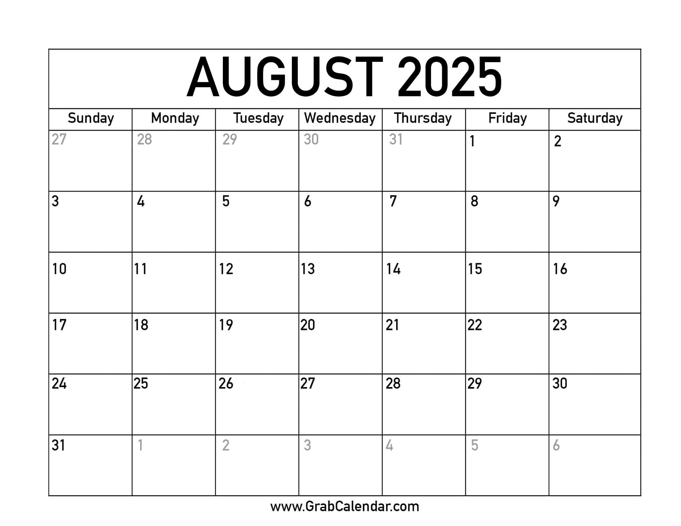 Printable August 2025 Calendar Printable August 2025 Calendar