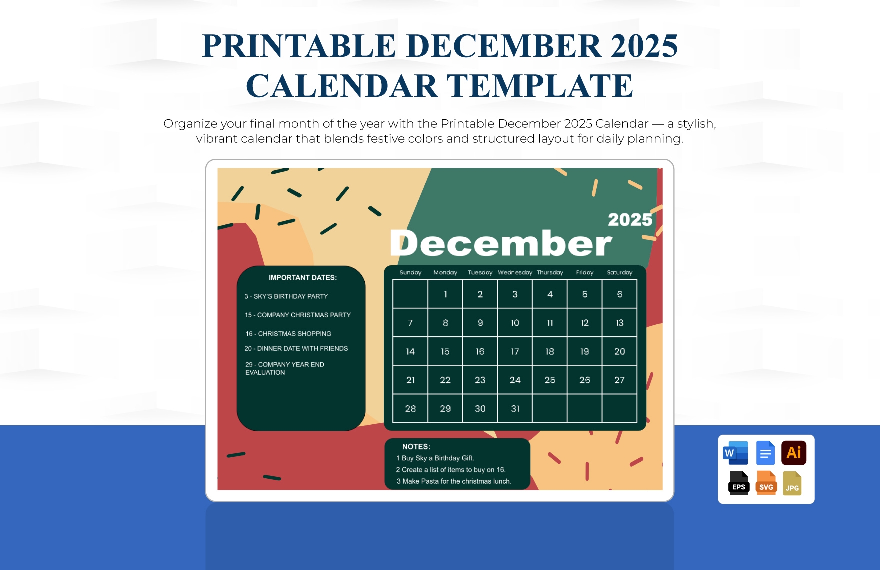 Printable December 2025 Calendar In EPS Illustrator JPG Word 