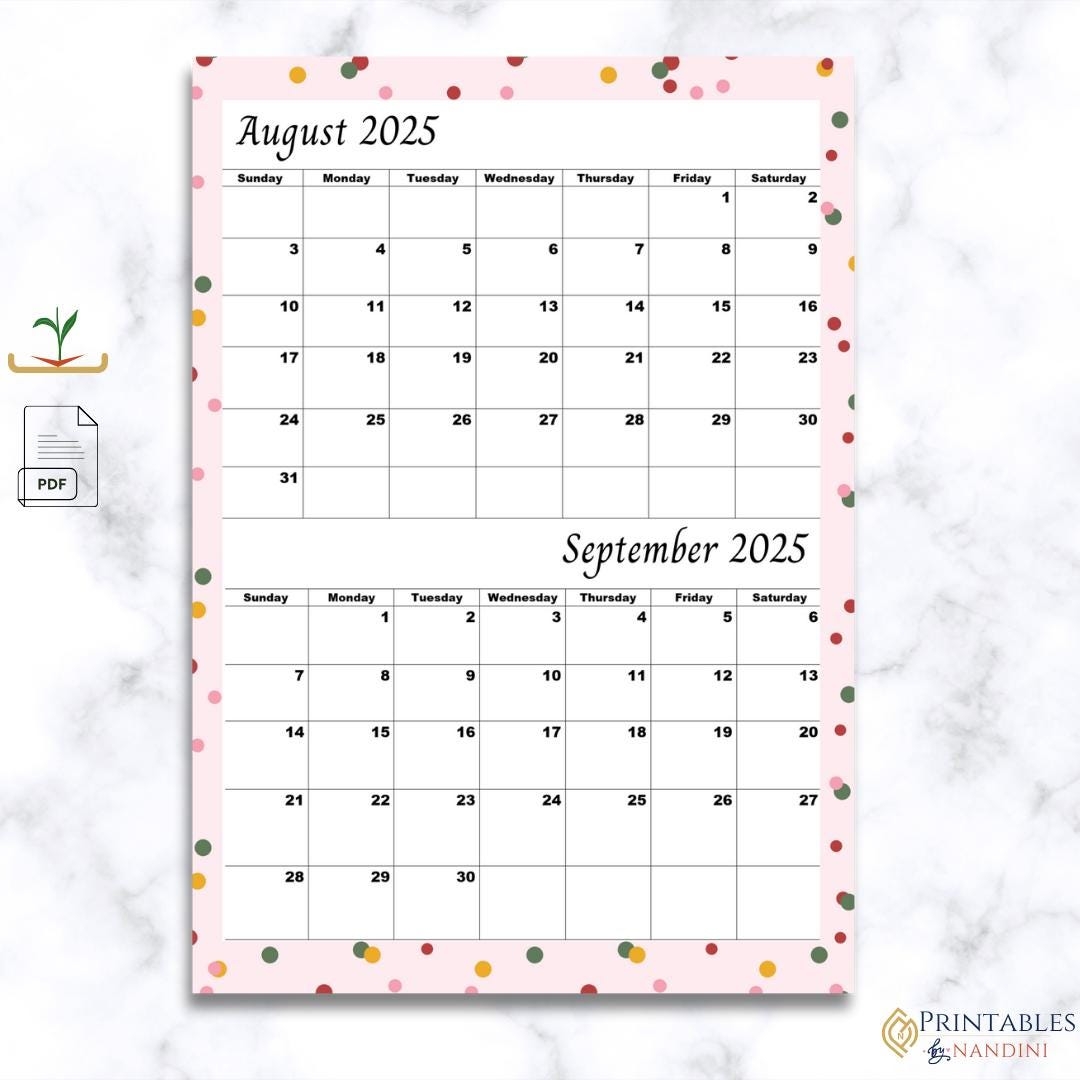 Printable Month Calendar For August 2025 And September 2025 PDF Download a4 Size For Printing Etsy