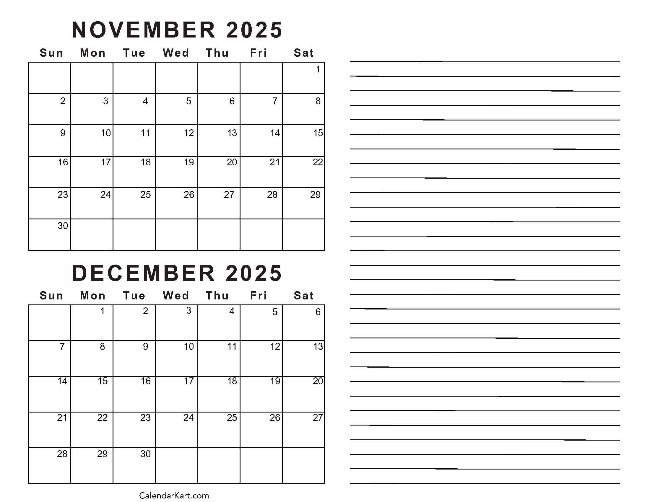 Printable November December 2025 Calendars Calendarkart Printable November December 2025 Calendars Calendarkart