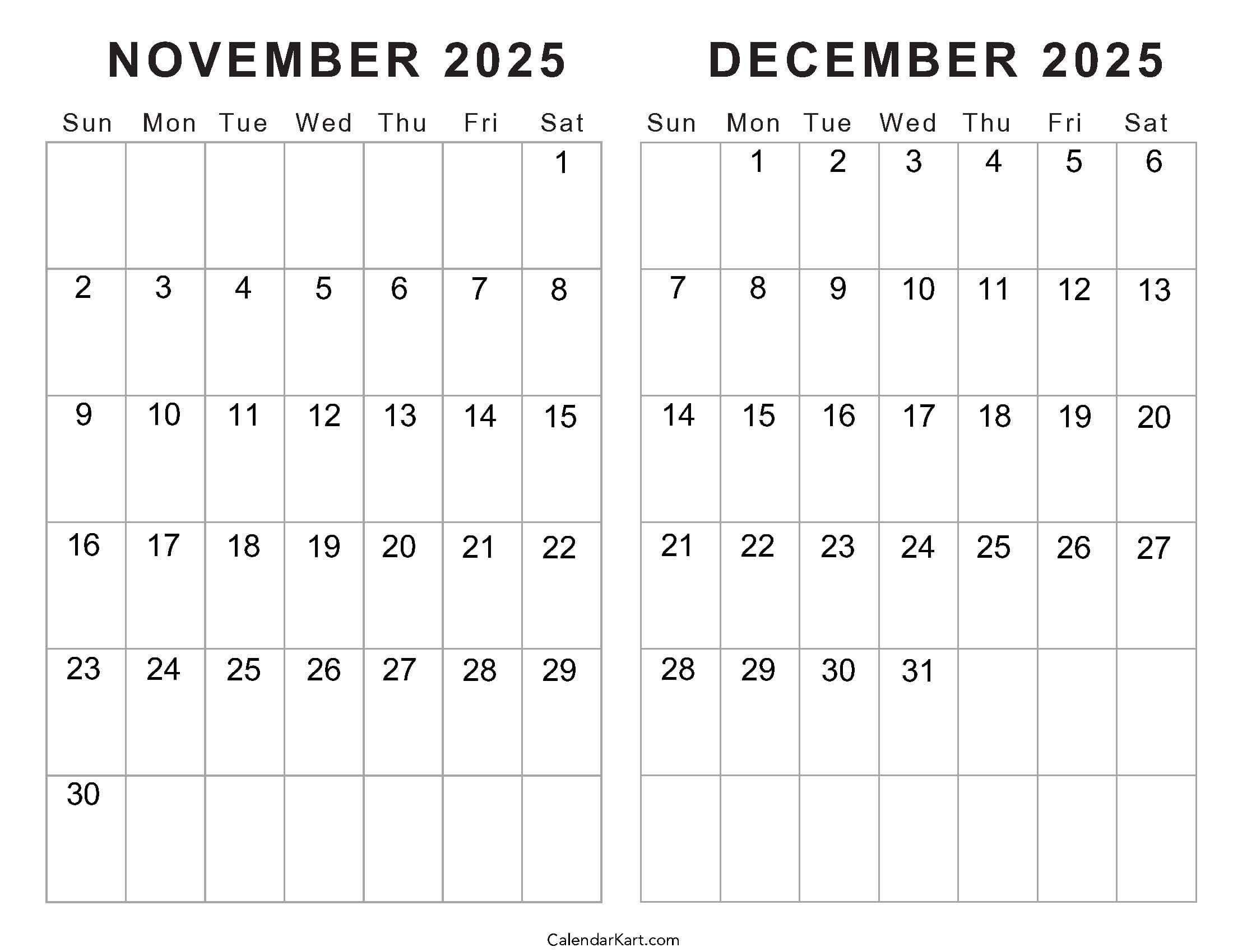 November December 2025 Calendar Excel
