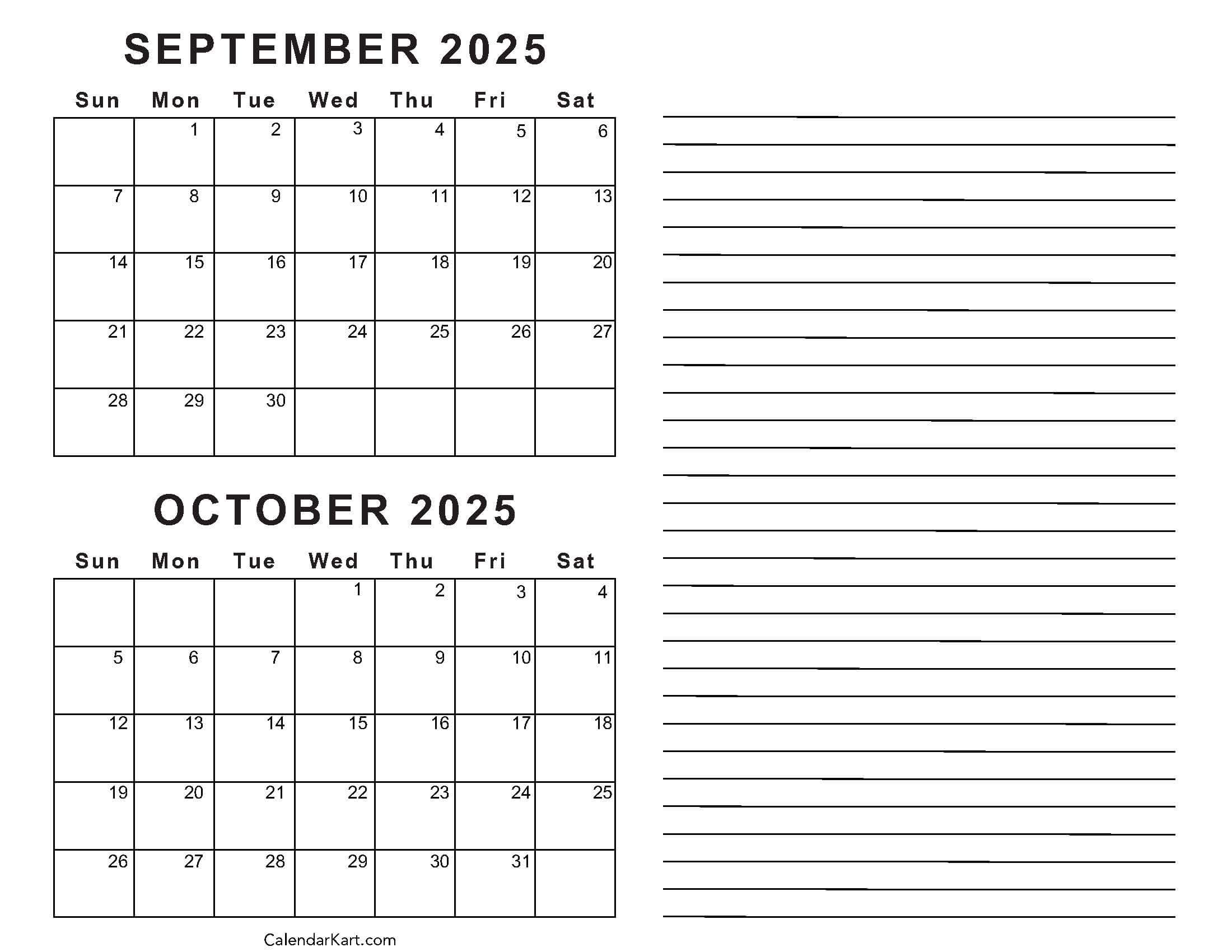 Printable Calendar August September October 2025