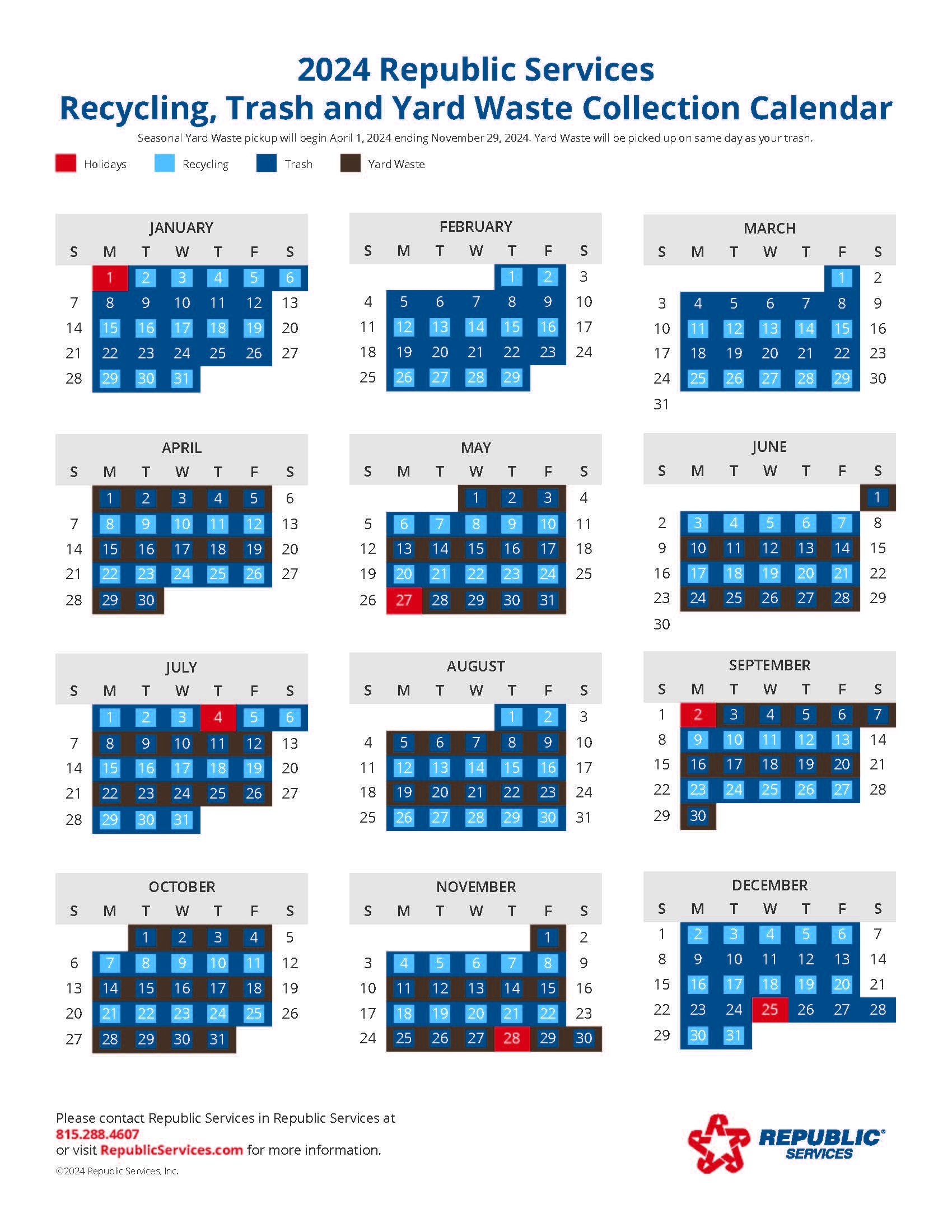Republic Services 2025 Waste Collection Calendar City Of Dixon Illinois