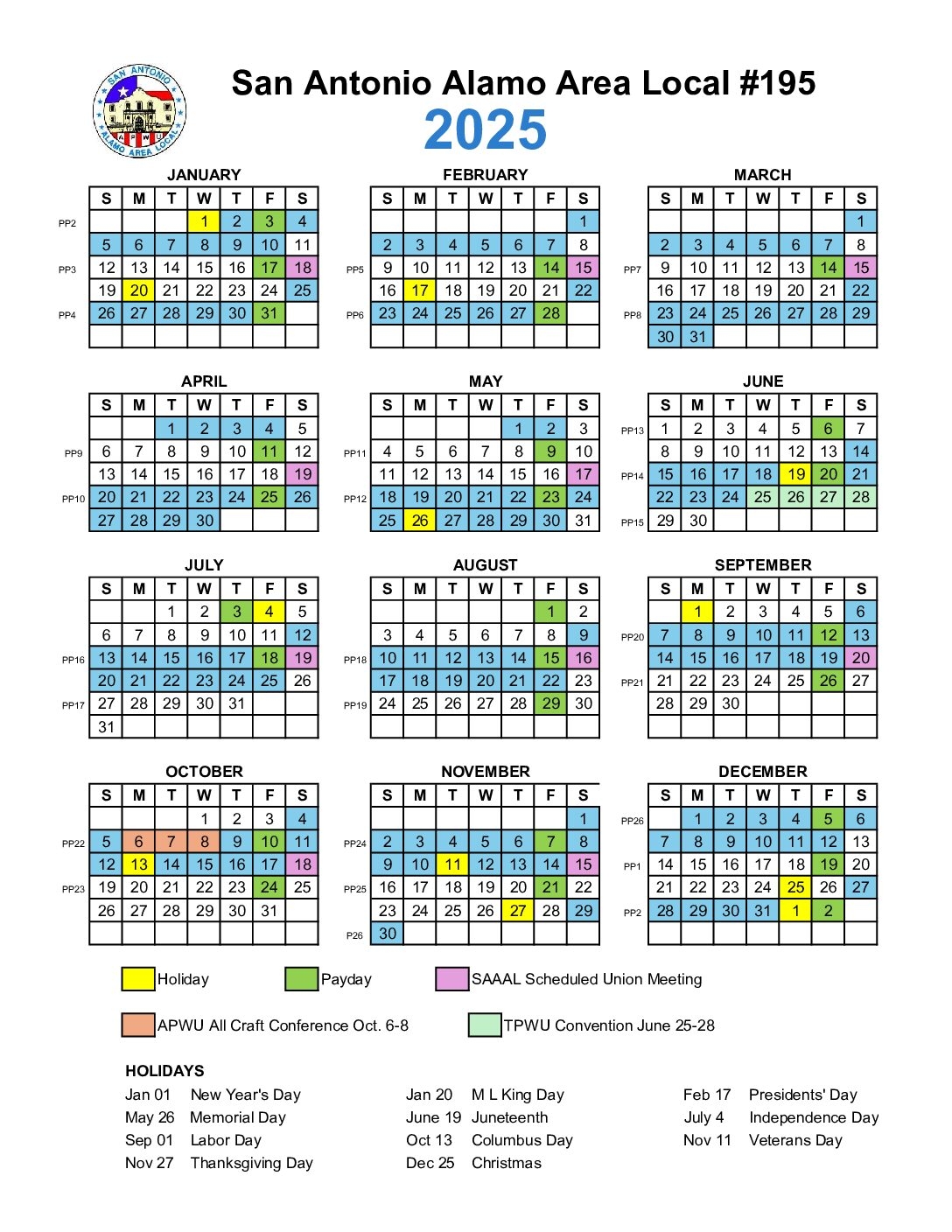 SAAAL 2025 Calendar APWU